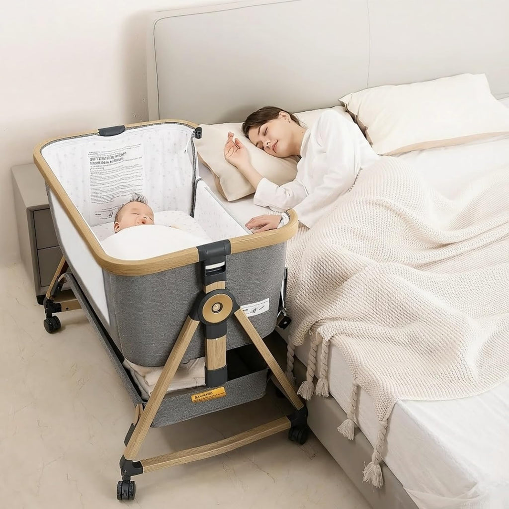 Maydolly 3-in-1 Beistellbett Baby Grau mit Matratze, höhenverstellbares Babybett mit Rollen & Moskitonetz