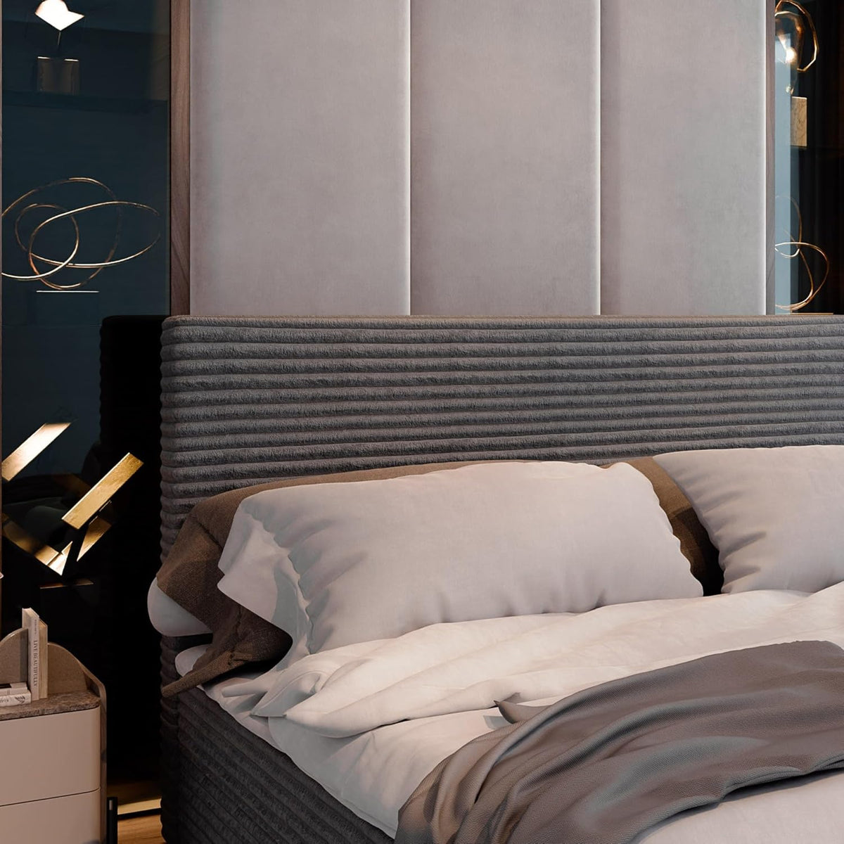 Masseno Boxspringbett PISA Creme mit Matratze & Topper, Polsterbett mit Bettkasten und gepolstertem Kopfteil
