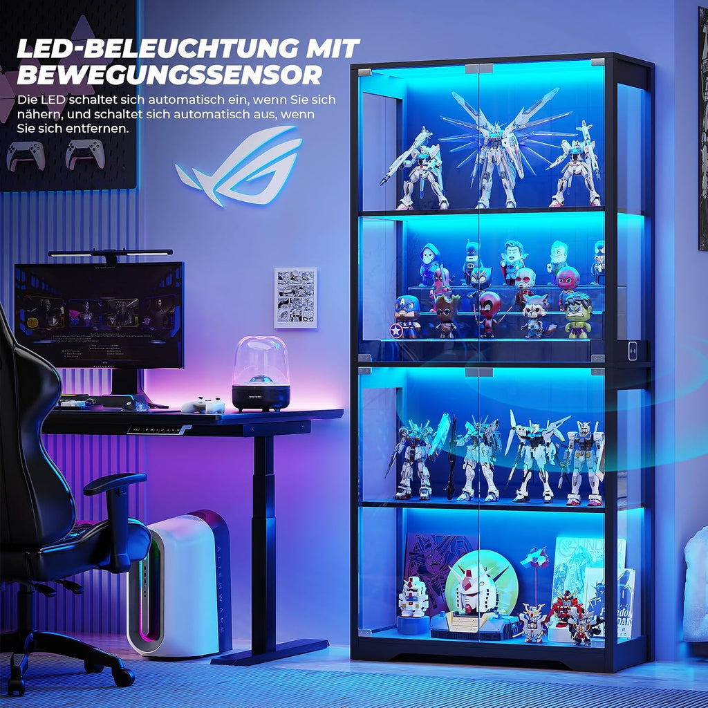 BROTTAR Beleuchtete Glasvitrine mit LED Sensor, moderner Vitrinenschrank & Standvitrine, 4 Etagen Sicherheitsglas Vitrine für Lego, Figuren und