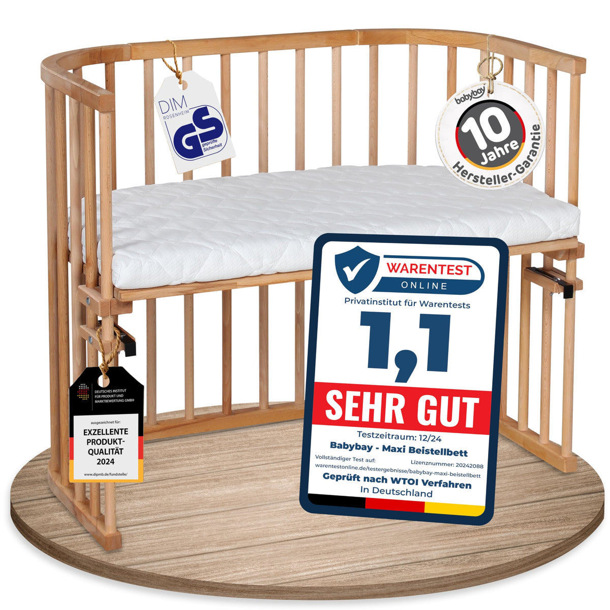 babybay Original Beistellbett aus massivem Buchenholz mit Matratze, höhenverstellbares Babybett für Neugeborene