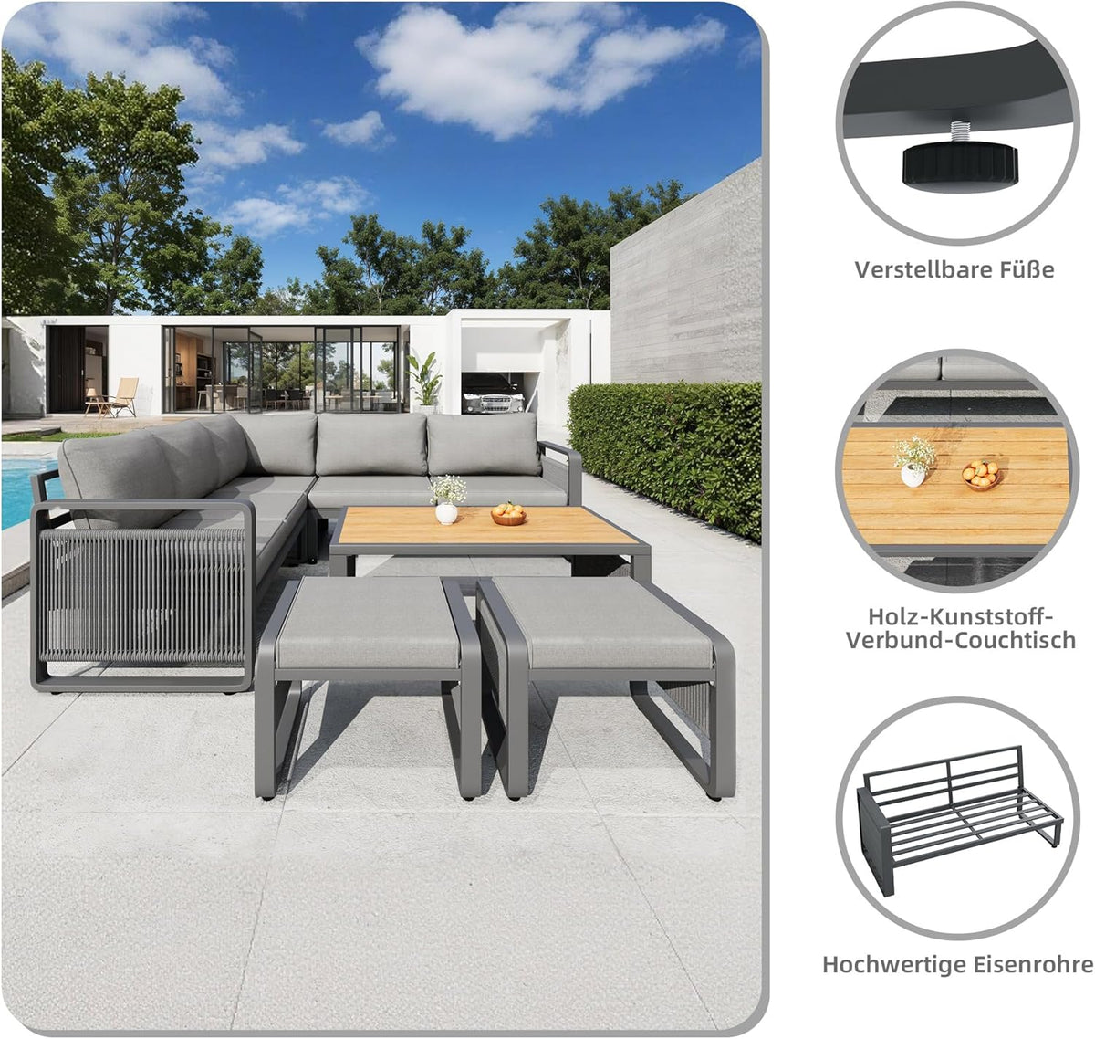 Merax Gartenmöbel Lounge Set Grau für 6–7 Personen, Gartensofa mit Liegefunktion, Ecklounge mit Sitzkissen für Terrasse & Balkon