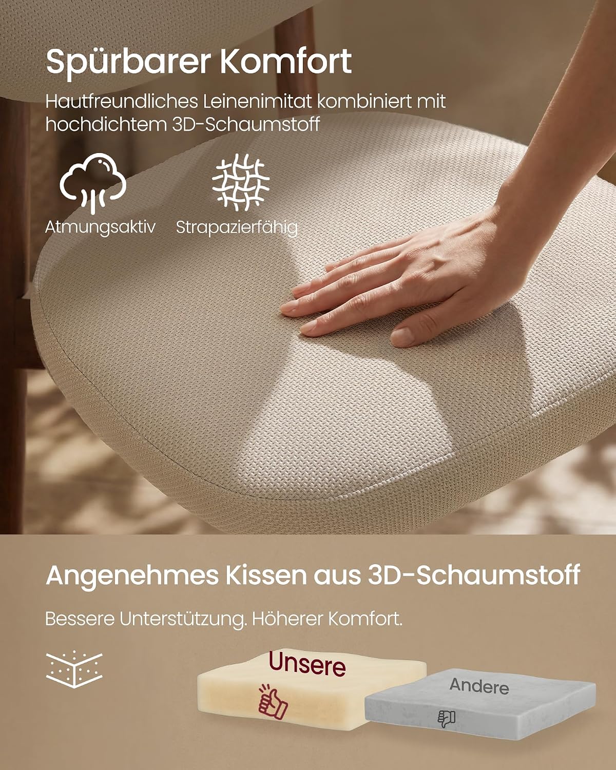 VASAGLE Esszimmerstuhl 4er Set, Küchenstuhl, Polsterstuhl mit Massivholzbeinen, ergonomische Rückenlehne, Aussparung als Griff