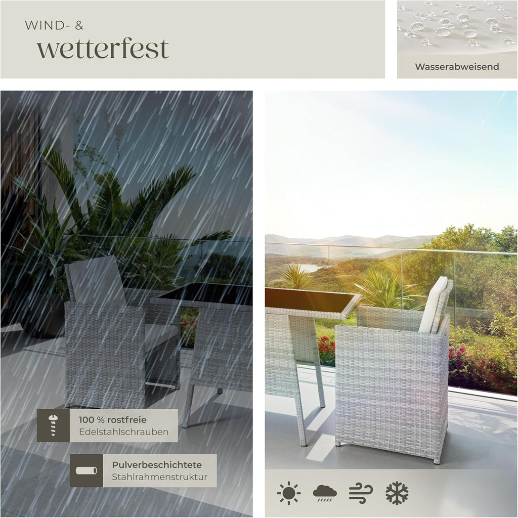 tectake Poly Rattan Balkonmöbel Set für 2 Personen Hellgrau – 2 Sessel & Tisch, Platzsparende Gartenlounge mit Kissen