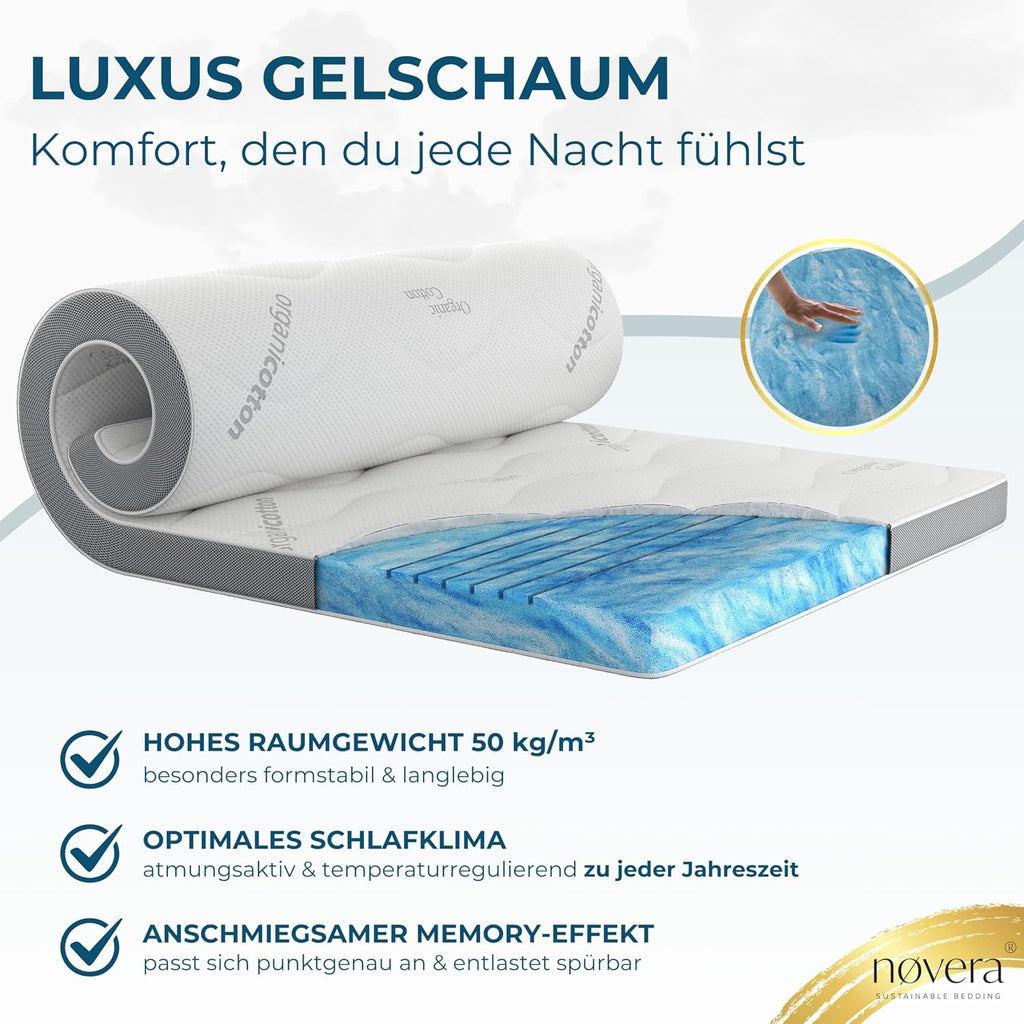 Deluxe Gel Topper 180x200cm | Oberstoff aus 100% Bio-Baumwolle | wolkenweicher 7-Zonen Matratzentopper 180x200cm | Hohes RG 50 | 8cm Matratzen Topper
