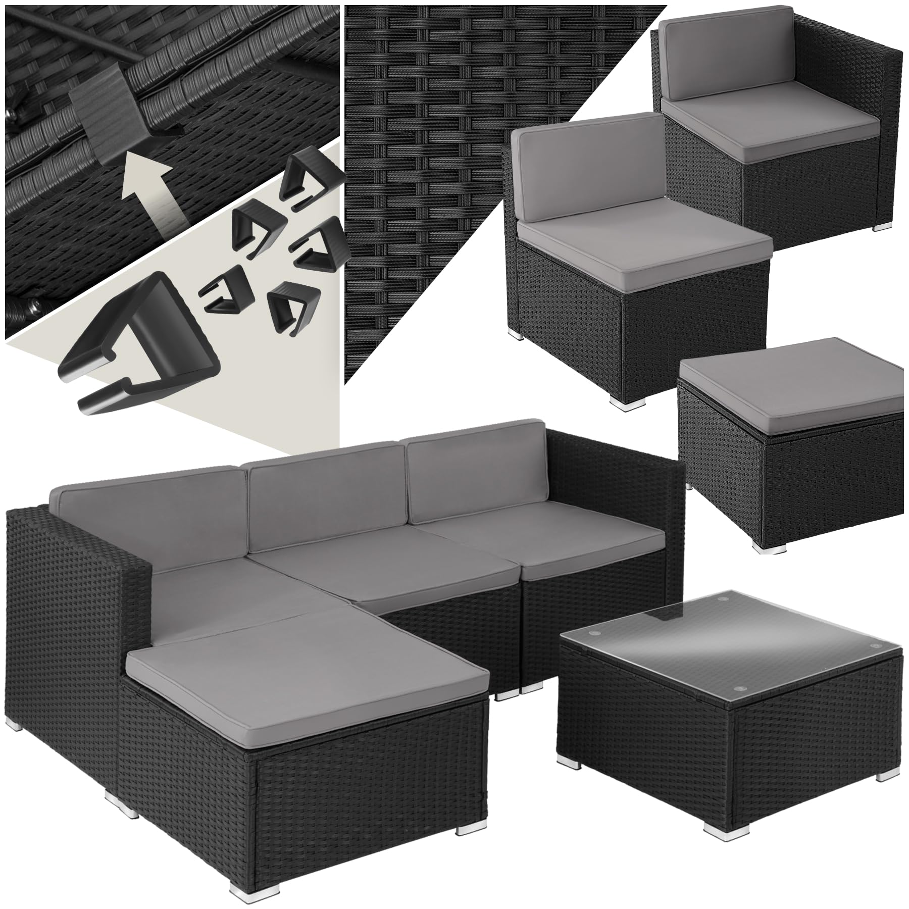 tectake Gartenmöbel Set Poly Rattan mit Sofa, Sesseln, Hocker & Tisch, modulare Gartenlounge wetterfest für Garten, Terrasse & Balkon