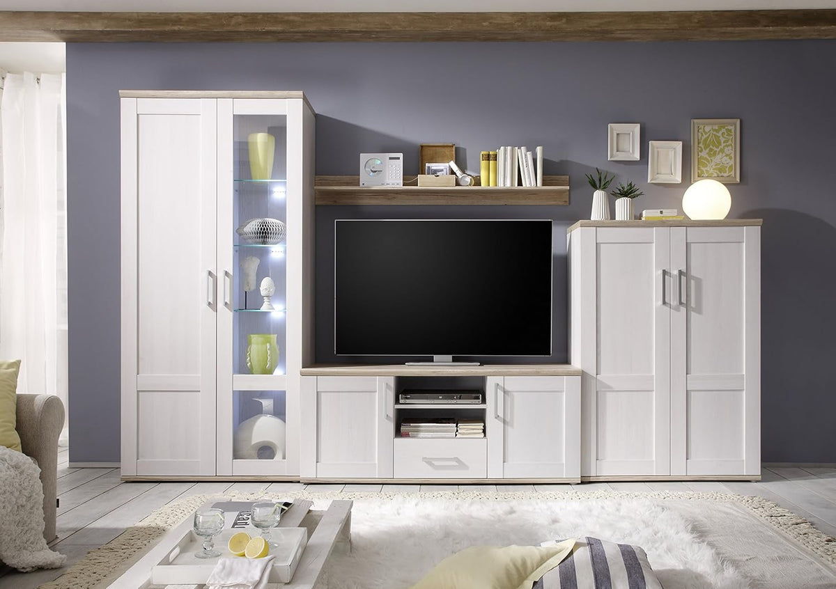 Stella Trading ROMANCE Wohnwand Wohnzimmer Set mit LED-Vitrine, Stauraum, Sibiu Lärche & Eiche San Remo