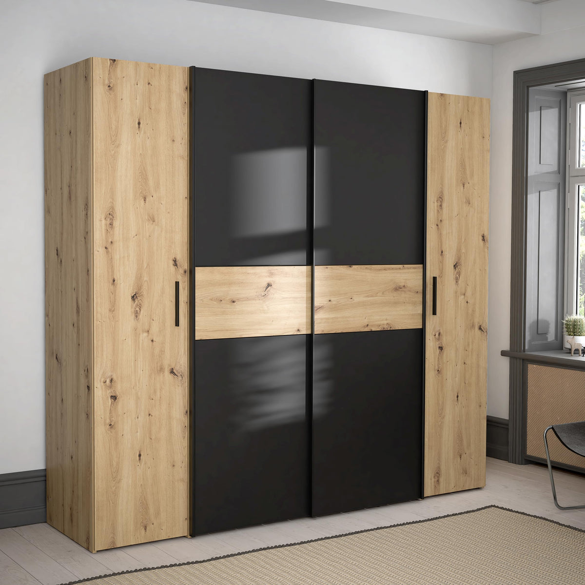 Forte Kalixtus Kleiderschrank 4-türig mit Schwebetüren – Moderner Schlafzimmerschrank mit Kleiderstangen & Einlegeböden