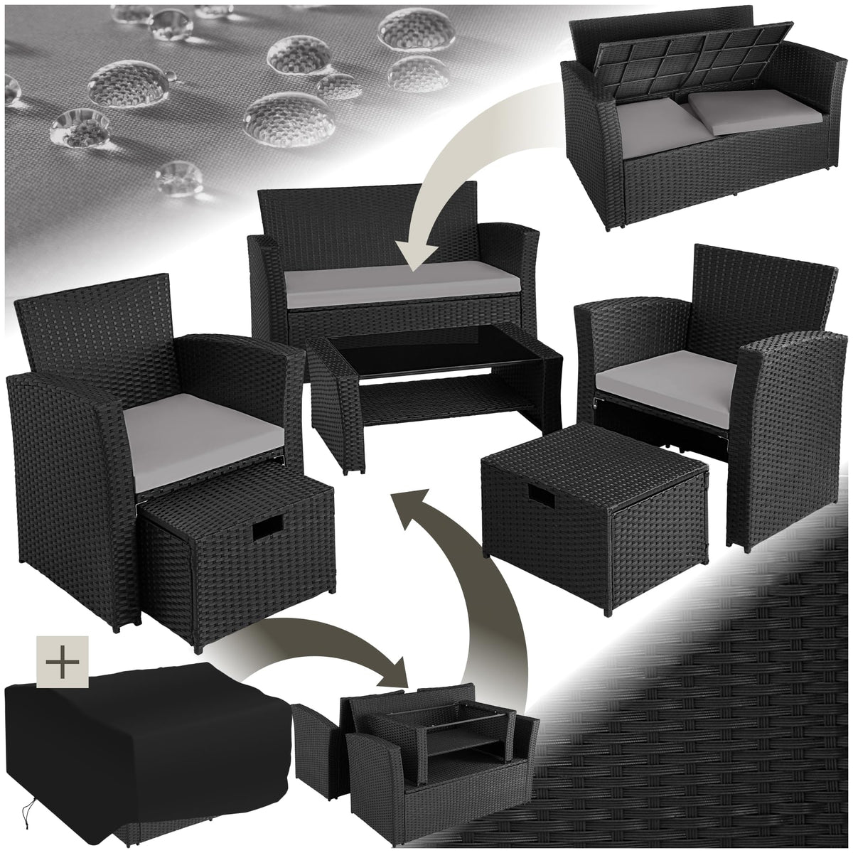 tectake Polyrattan Gartenmöbel Set 4 Personen mit Hocker & Auflagenbox – Garten Lounge Set mit Sofa, Tisch & Kissen für Balkon und Terrasse
