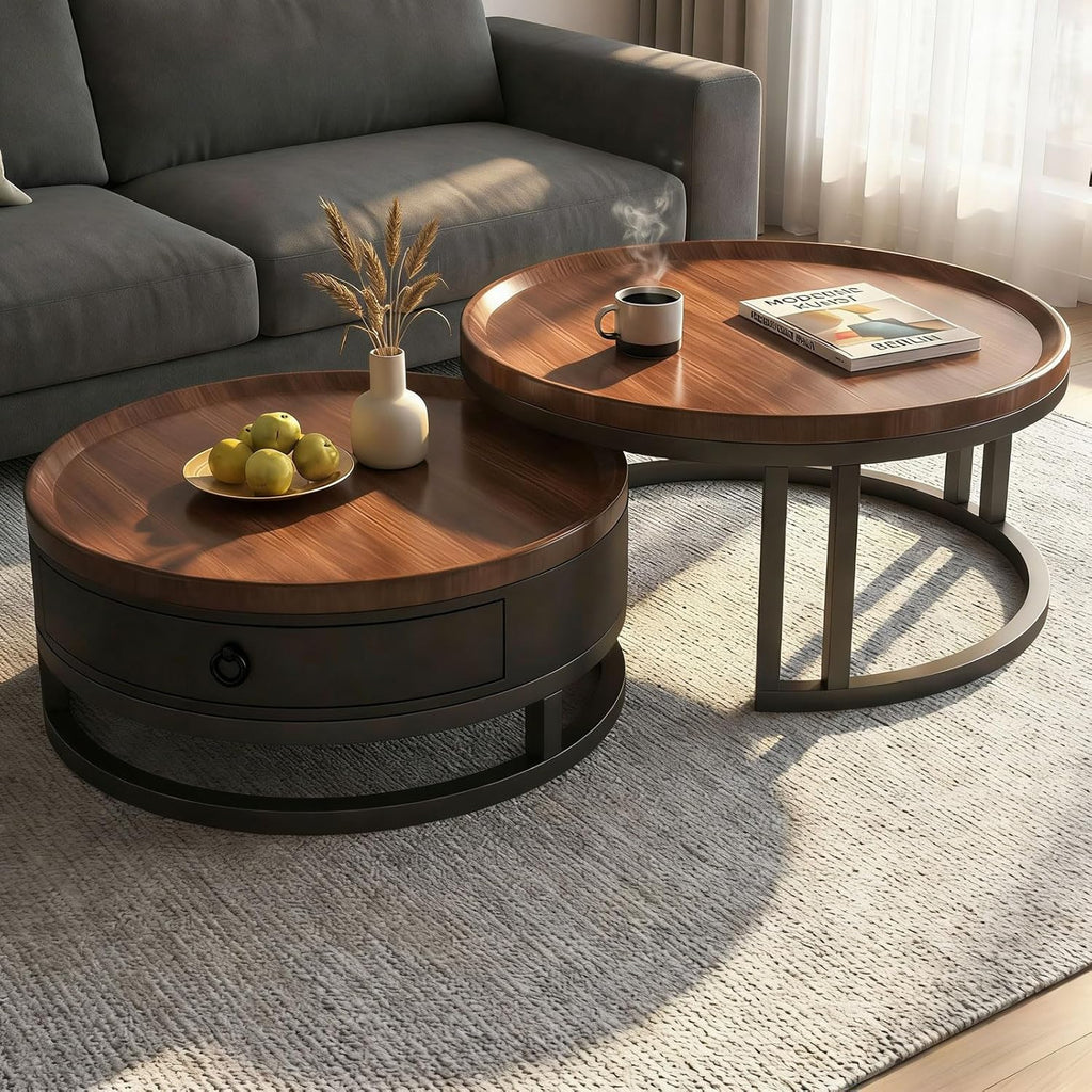 Couchtisch 2er Set rund mit Schublade, Satztische in Walnussoptik, Wohnzimmertisch mit Metallrahmen und Stauraum