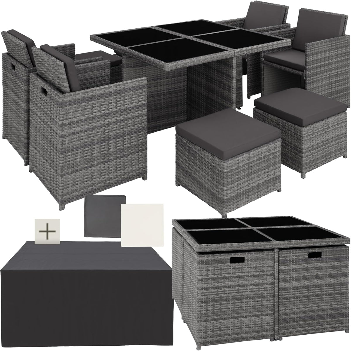 tectake Rattan Lounge Set mit Aluminiumgestell, 4 Stühle, 4 Hocker & Glastisch Wetterfeste Gartenmöbel