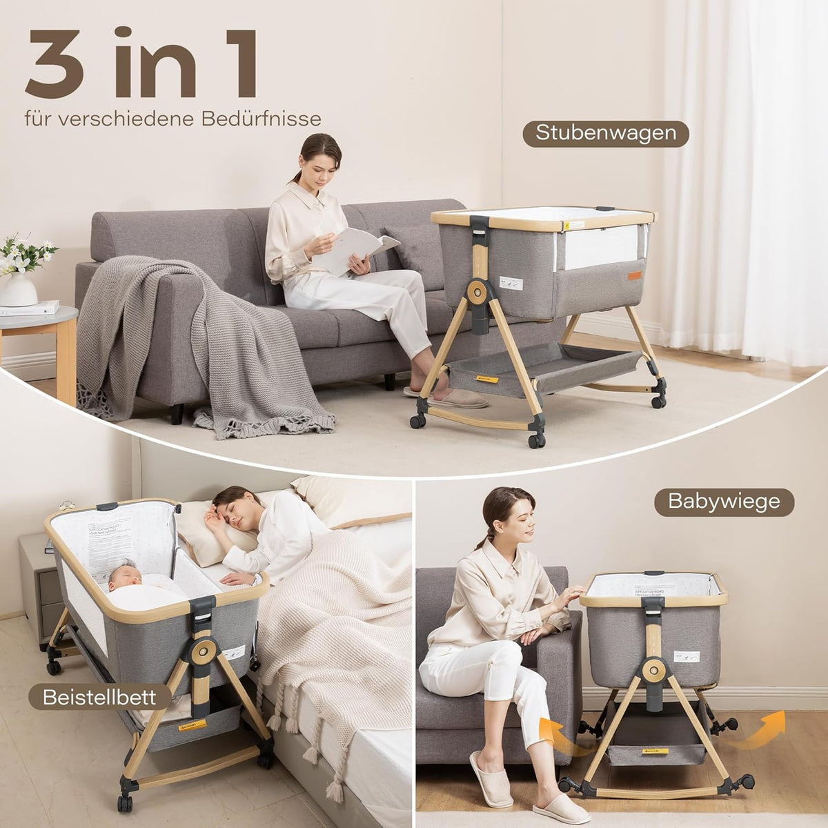 Maydolly 3-in-1 Beistellbett Baby Grau mit Matratze, höhenverstellbares Babybett mit Rollen & Moskitonetz