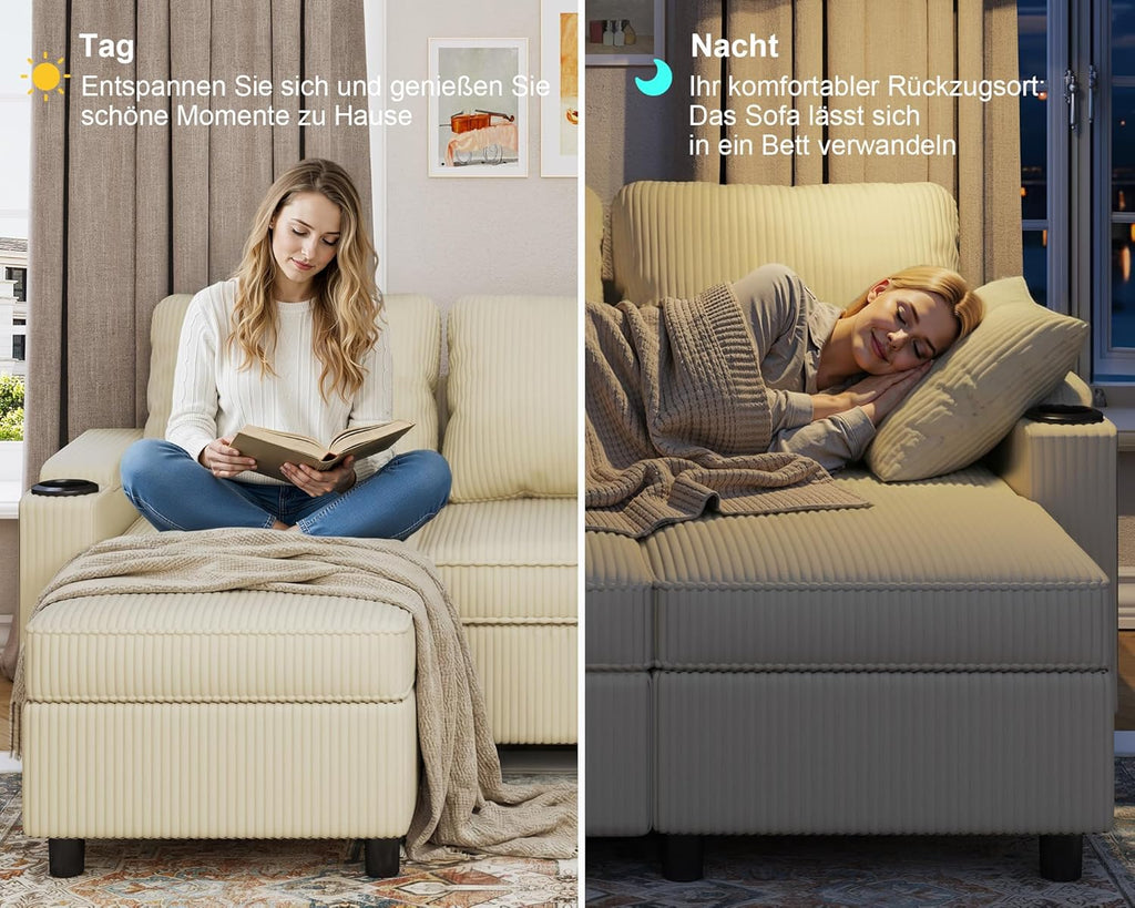 Devoko Ecksofa L-Form mit Schlaffunktion & Bettkasten, 3-Sitzer Schlafsofa aus Velours für Wohnzimmer & Gästezimmer