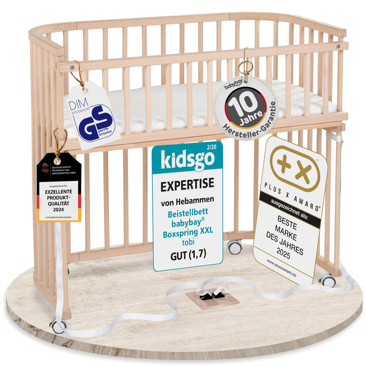 babybay Original Beistellbett aus massivem Buchenholz mit Matratze, höhenverstellbares Babybett für Neugeborene