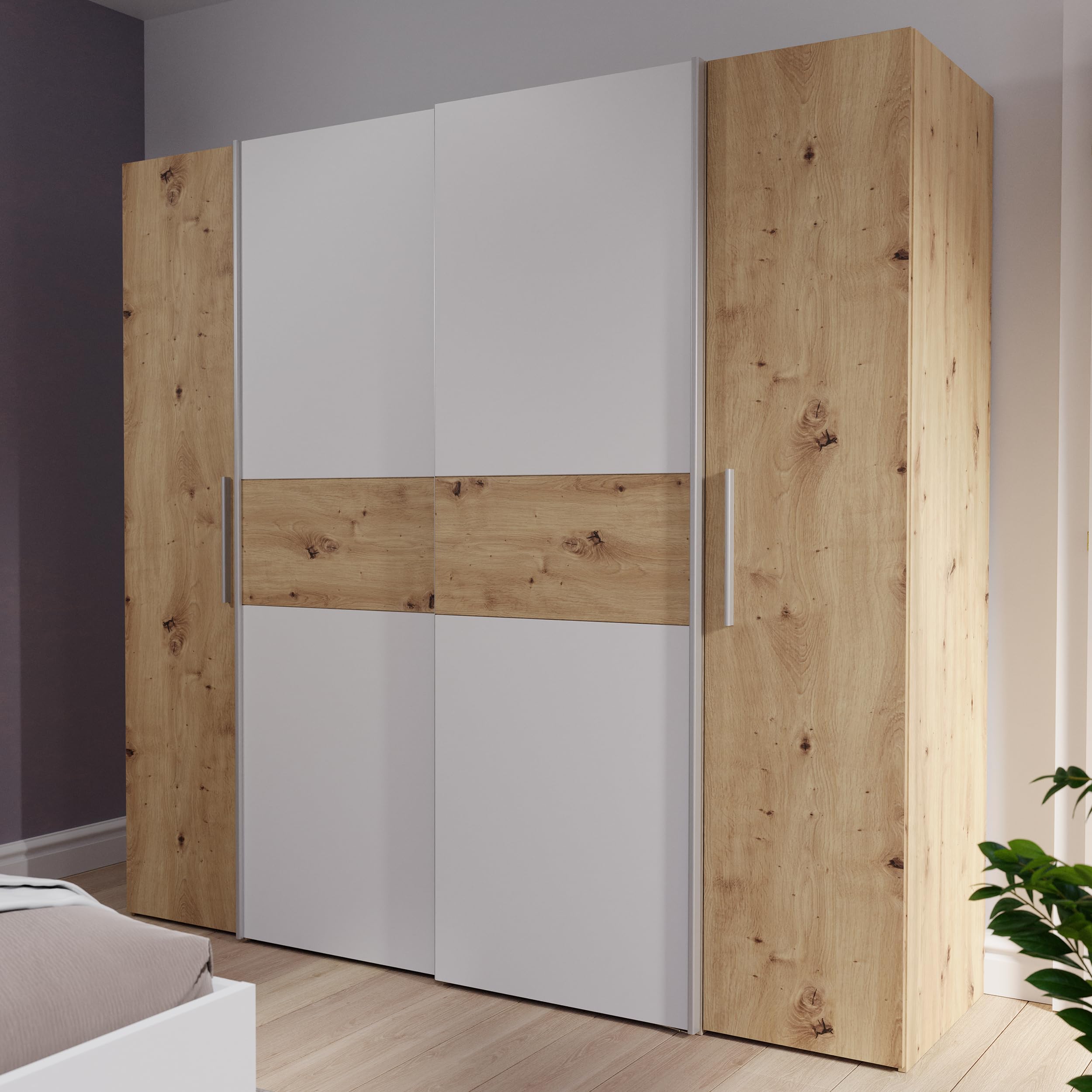 Forte Kalixtus Kleiderschrank 4-türig mit Schwebetüren – Moderner Schlafzimmerschrank mit Kleiderstangen & Einlegeböden