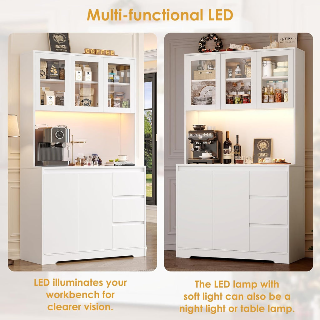 FirFurd Küchenschrank Weiß 180 cm mit LED & Steckdose – Buffetschrank mit Arbeitsplatte, Glastüren & 3 Schubladen