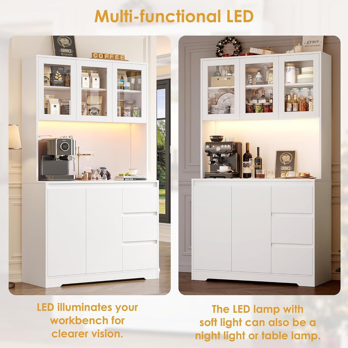 FirFurd Küchenschrank Weiß 180 cm mit LED & Steckdose – Buffetschrank mit Arbeitsplatte, Glastüren & 3 Schubladen