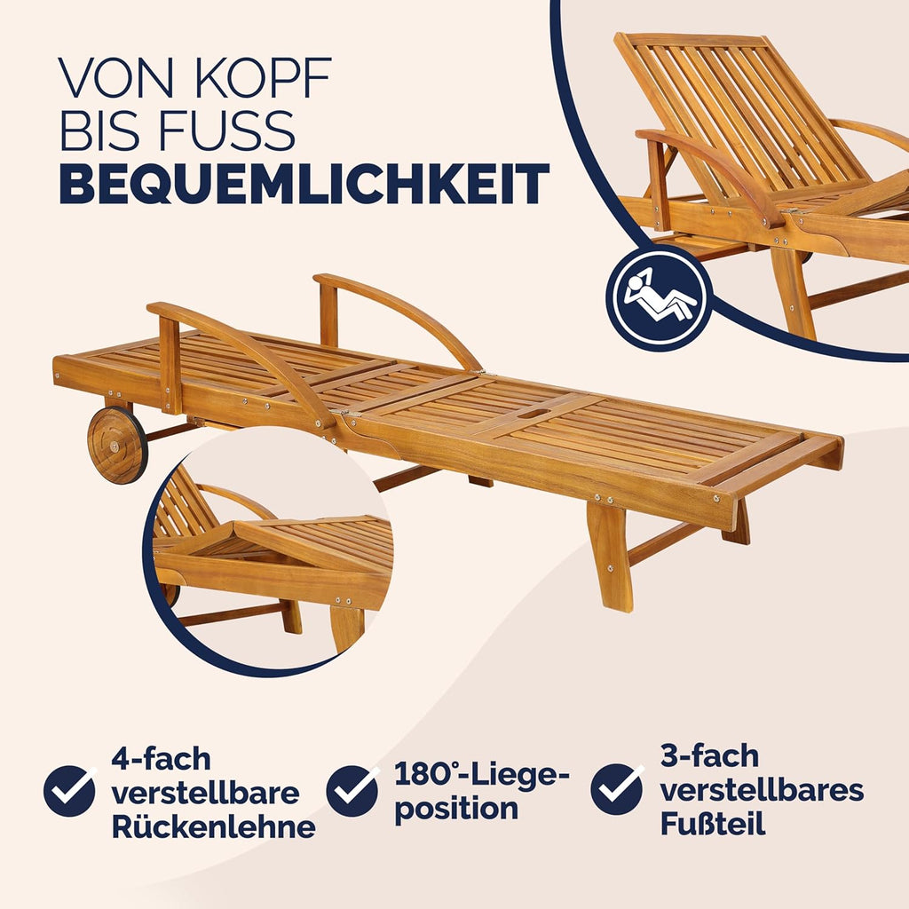 Casaria Sonnenliege 2er Set Akazienholz Braun – Klappbare Gartenliege mit Rädern, Ausziehtisch & verstellbarer Rückenlehne