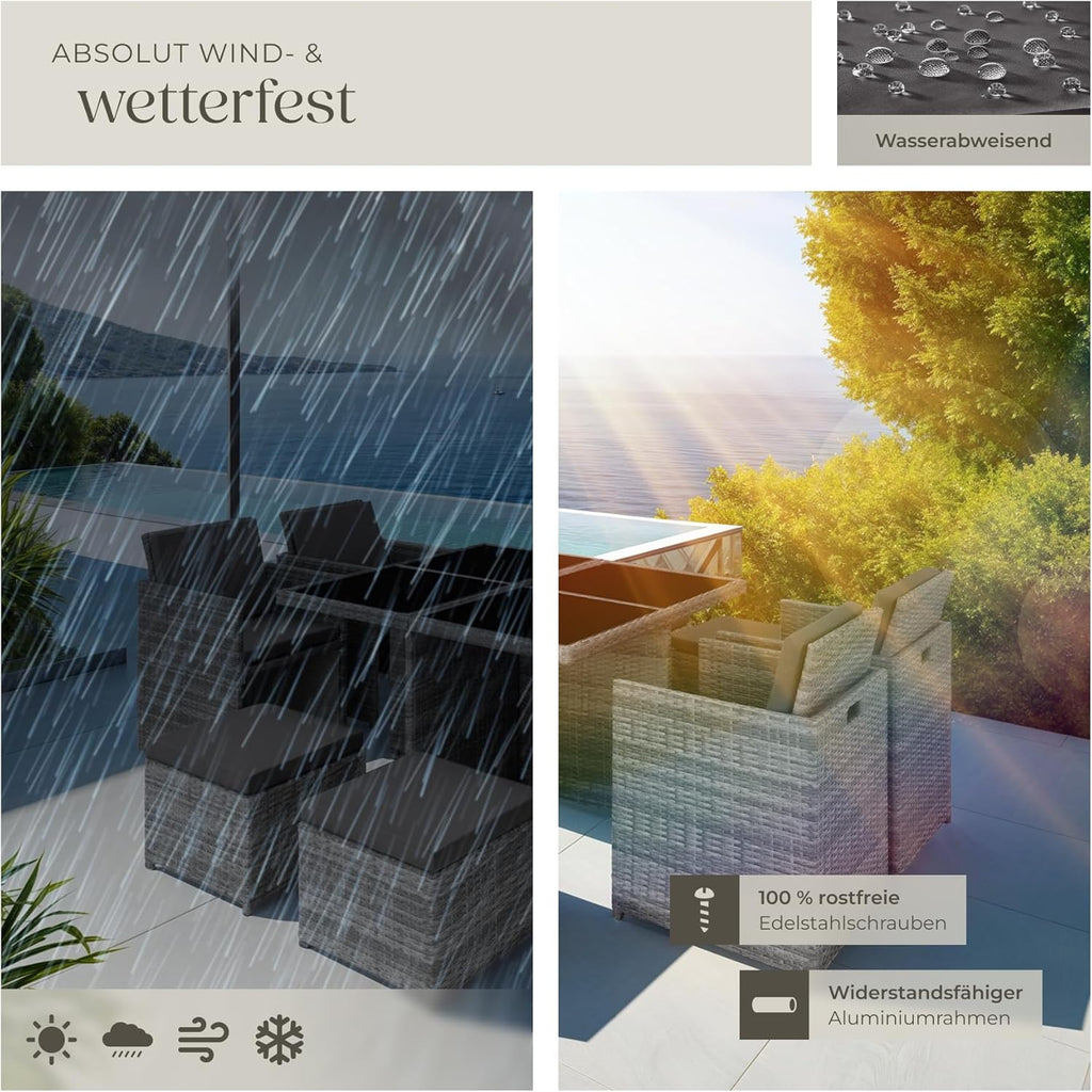 tectake Rattan Lounge Set mit Aluminiumgestell, 4 Stühle, 4 Hocker & Glastisch Wetterfeste Gartenmöbel