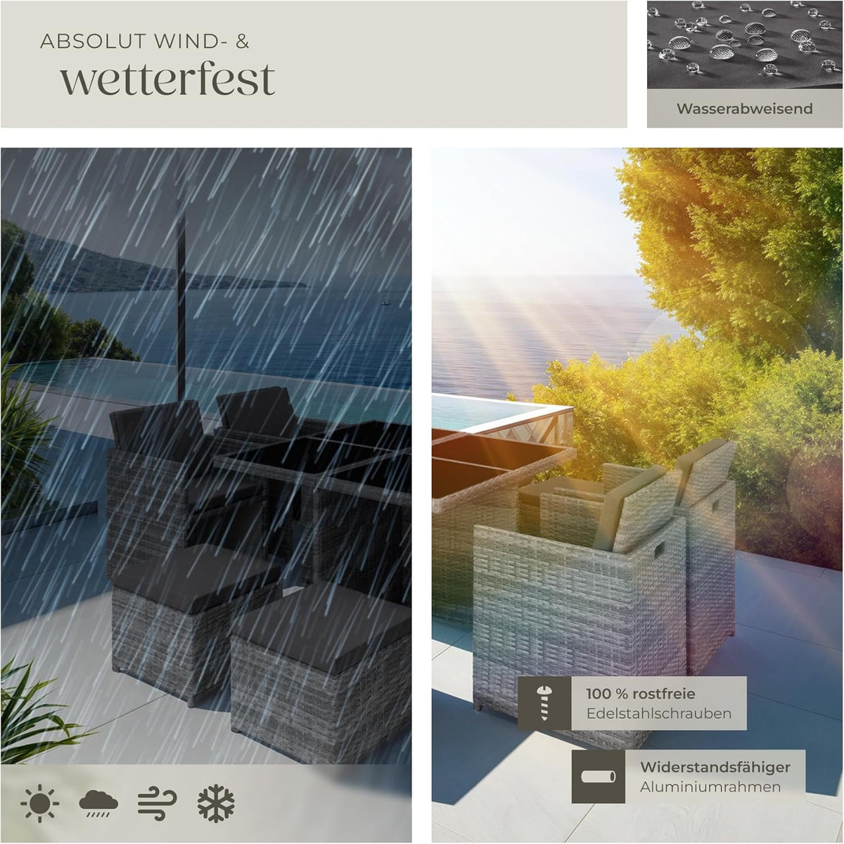 tectake Rattan Lounge Set mit Aluminiumgestell, 4 Stühle, 4 Hocker & Glastisch Wetterfeste Gartenmöbel