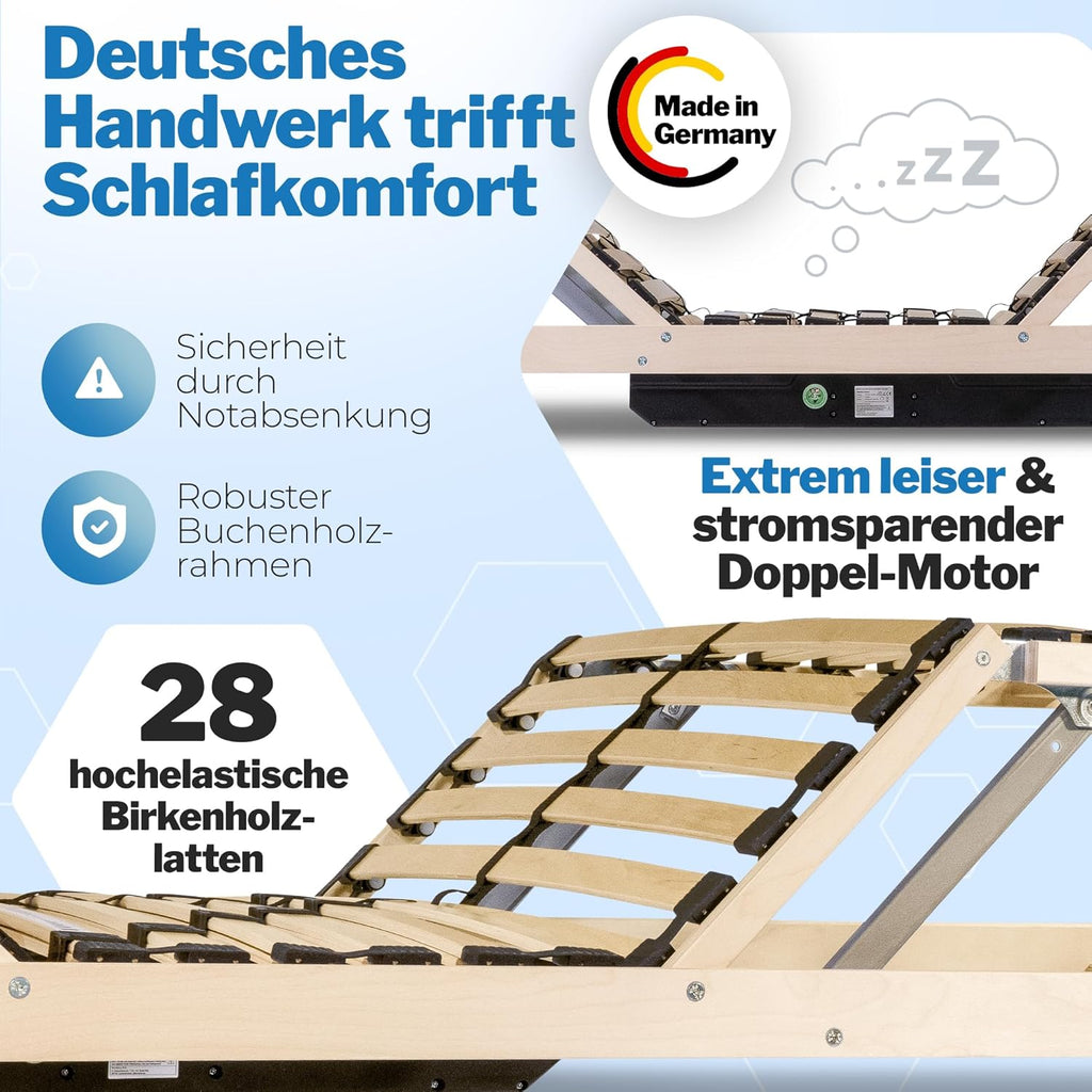RehaSleep Elektrischer Lattenrost 28 Leisten, 7-Zonen Lattenrahmen aus Birkenholz, verstellbar mit Motor, Natur