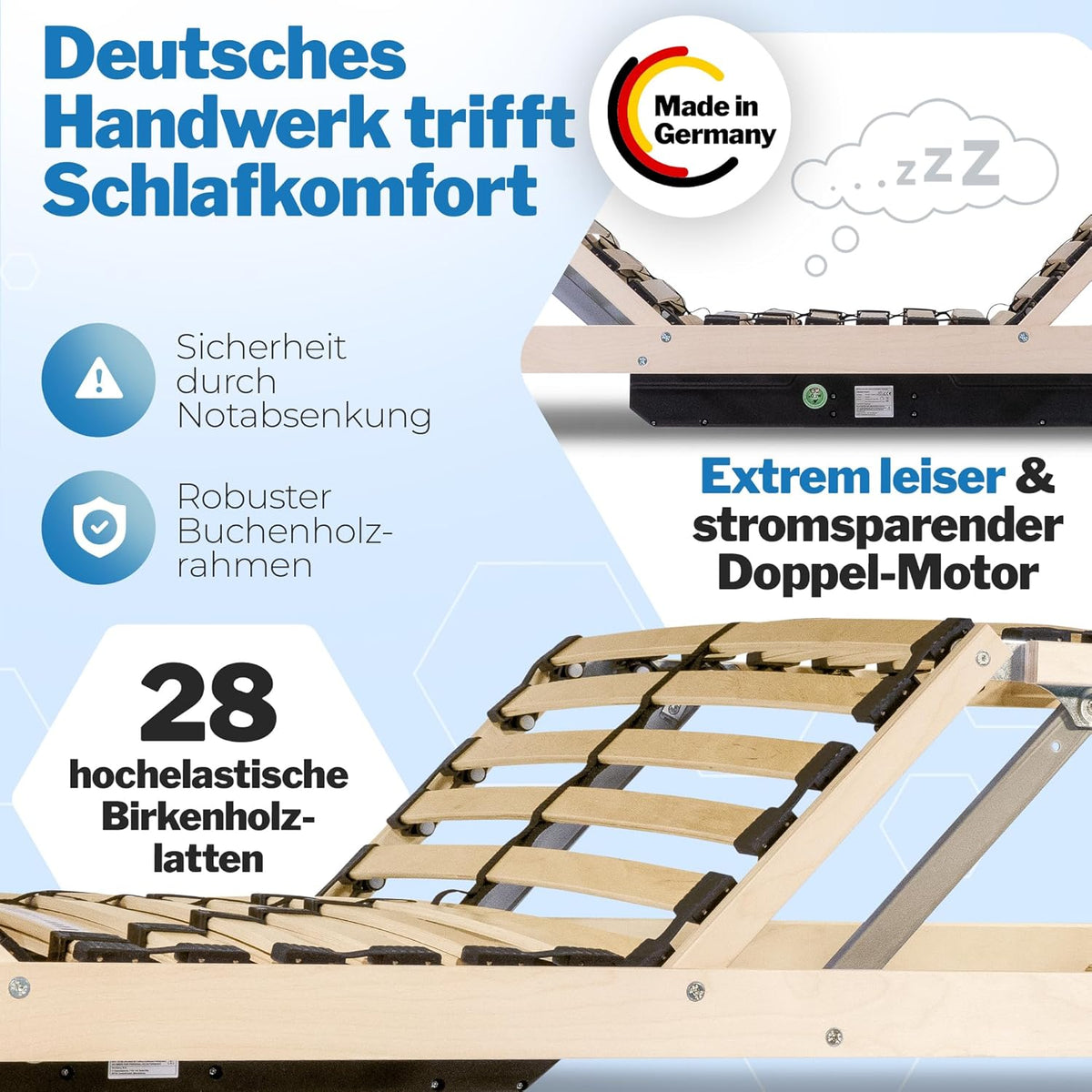 RehaSleep Elektrischer Lattenrost 28 Leisten, 7-Zonen Lattenrahmen aus Birkenholz, verstellbar mit Motor, Natur