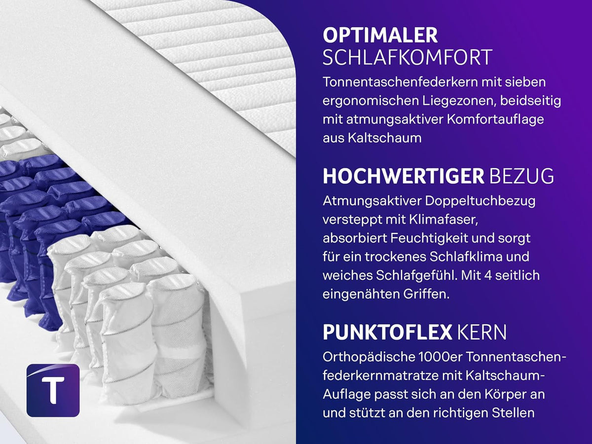 Traumnacht Exklusiv 7-Zonen 1.000er Tonnentaschenfederkernmatratze, 23 cm Premiumhöhe, Öko-Tex zertifiziert, Härtegrad 4 (H4), 100 x 200 cm