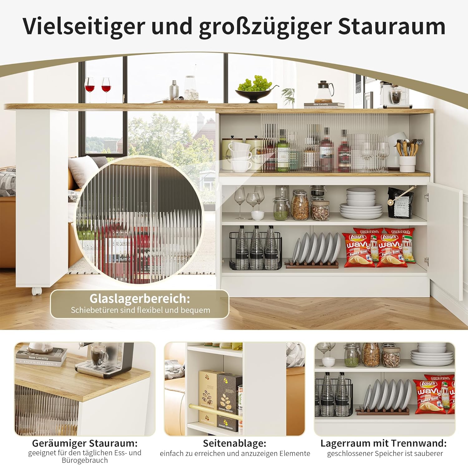 Merax Ausziehbarer Bartisch mit Stauraum, 360° drehbarer Beweglicher Bartisch Küchentheke Kücheninsel Kaffeeecke, mit Offene Ablagefächer