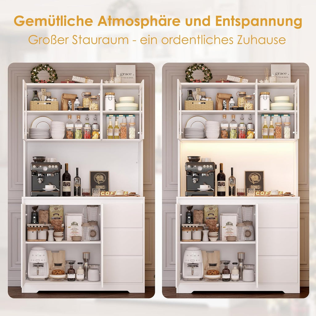 FirFurd Küchenschrank Weiß 180 cm mit LED & Steckdose – Buffetschrank mit Arbeitsplatte, Glastüren & 3 Schubladen