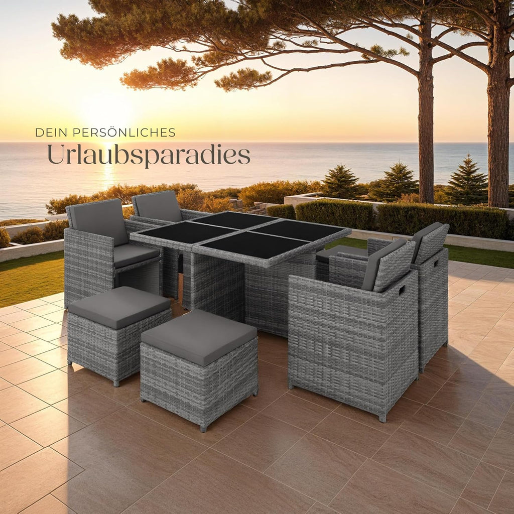 tectake Rattan Lounge Set mit Aluminiumgestell, 4 Stühle, 4 Hocker & Glastisch Wetterfeste Gartenmöbel