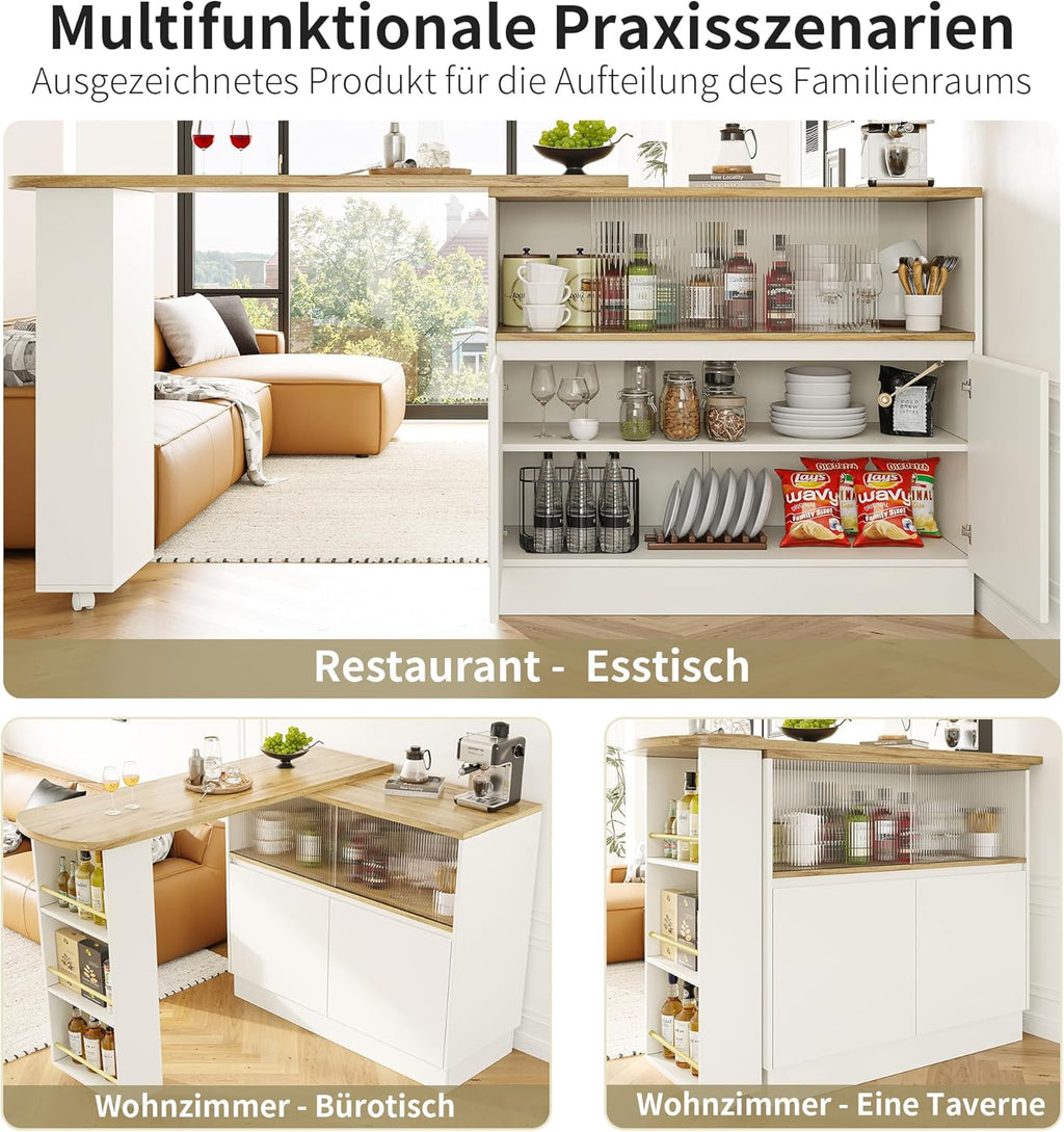 Merax Ausziehbarer Bartisch mit Stauraum, 360° drehbarer Beweglicher Bartisch Küchentheke Kücheninsel Kaffeeecke, mit Offene Ablagefächer
