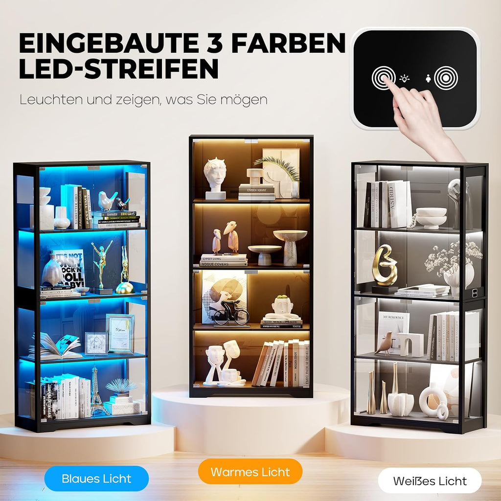 BROTTAR Beleuchtete Glasvitrine mit LED Sensor, moderner Vitrinenschrank & Standvitrine, 4 Etagen Sicherheitsglas Vitrine für Lego, Figuren und