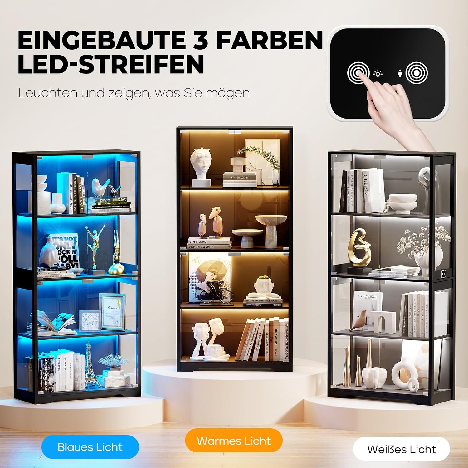BROTTAR Beleuchtete Glasvitrine mit LED Sensor, moderner Vitrinenschrank & Standvitrine, 4 Etagen Sicherheitsglas Vitrine für Lego, Figuren und