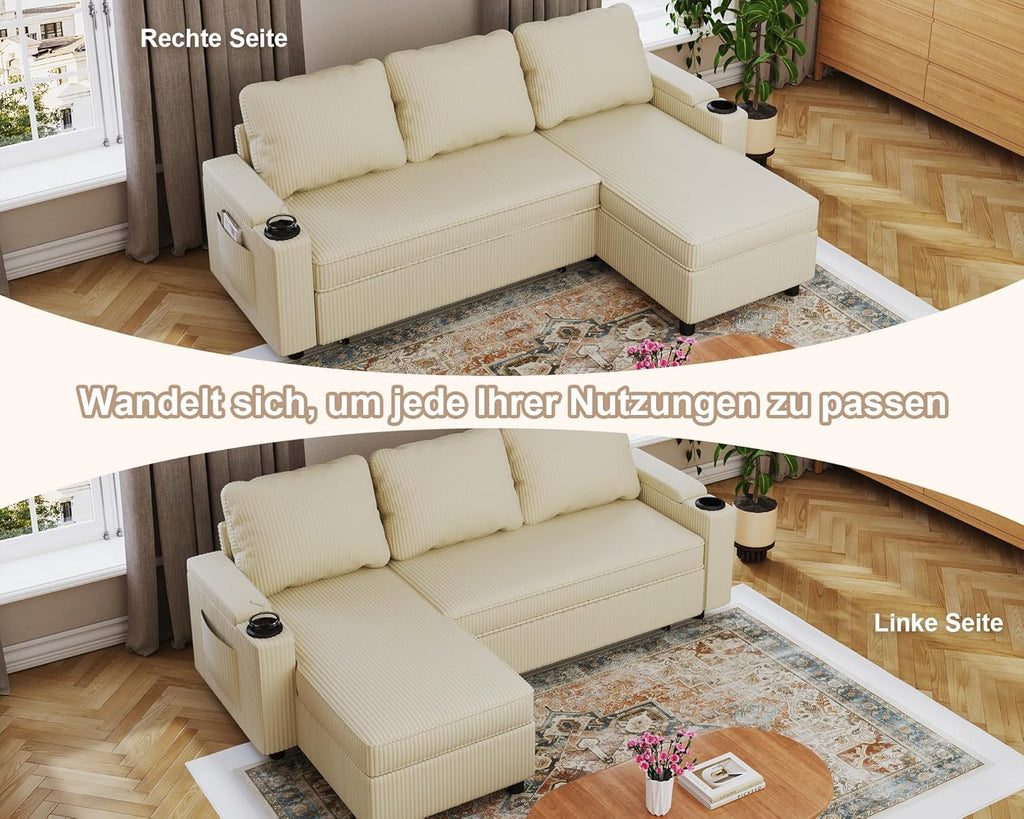 Devoko Ecksofa L-Form mit Schlaffunktion & Bettkasten, 3-Sitzer Schlafsofa aus Velours für Wohnzimmer & Gästezimmer