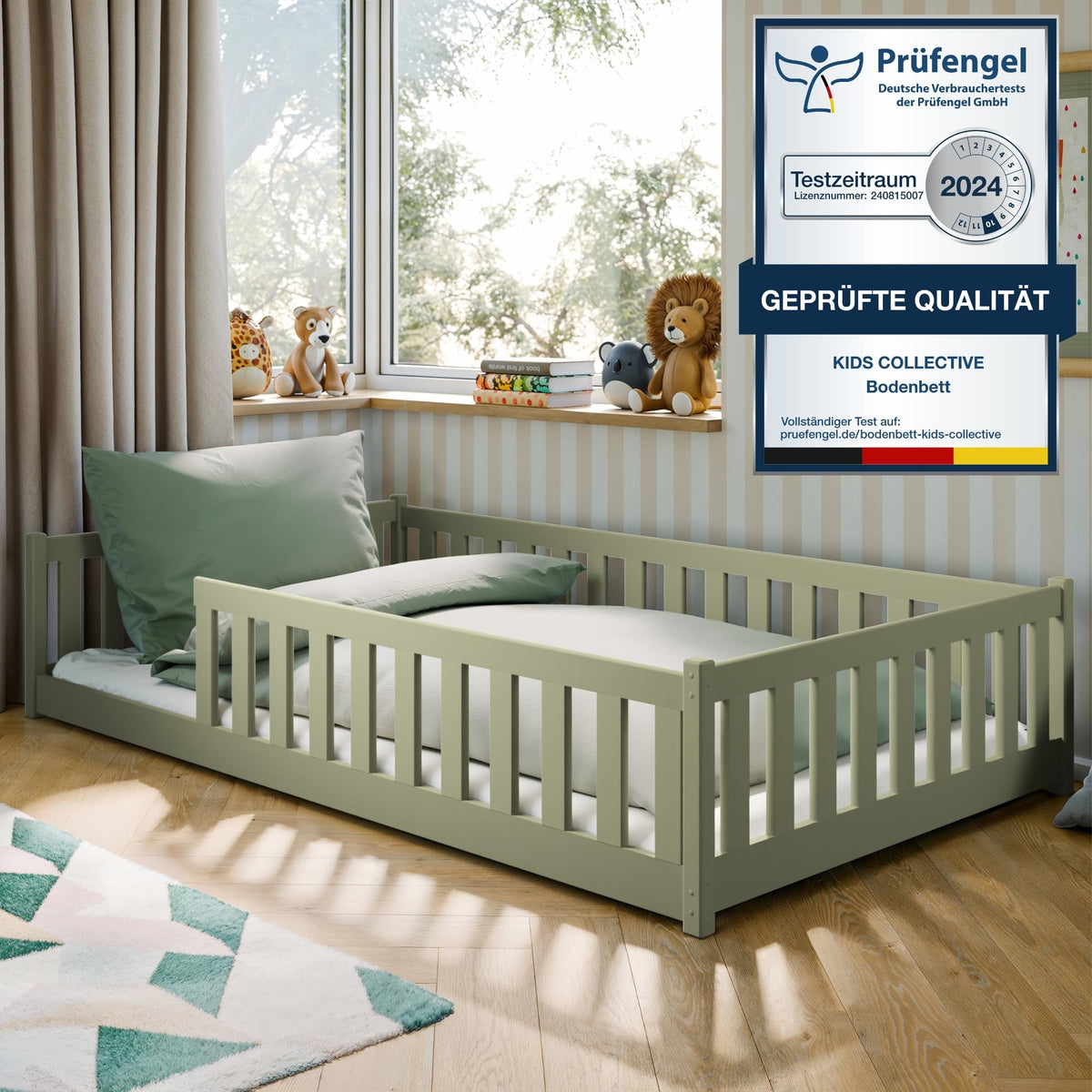 Kids Collective Kinderbett Bodenbett 120x200 cm Bett mit Rausfallschutz & Lattenrost Montessori Bett Bed Gitterbett Kinder Jugendbett Einzelbett |