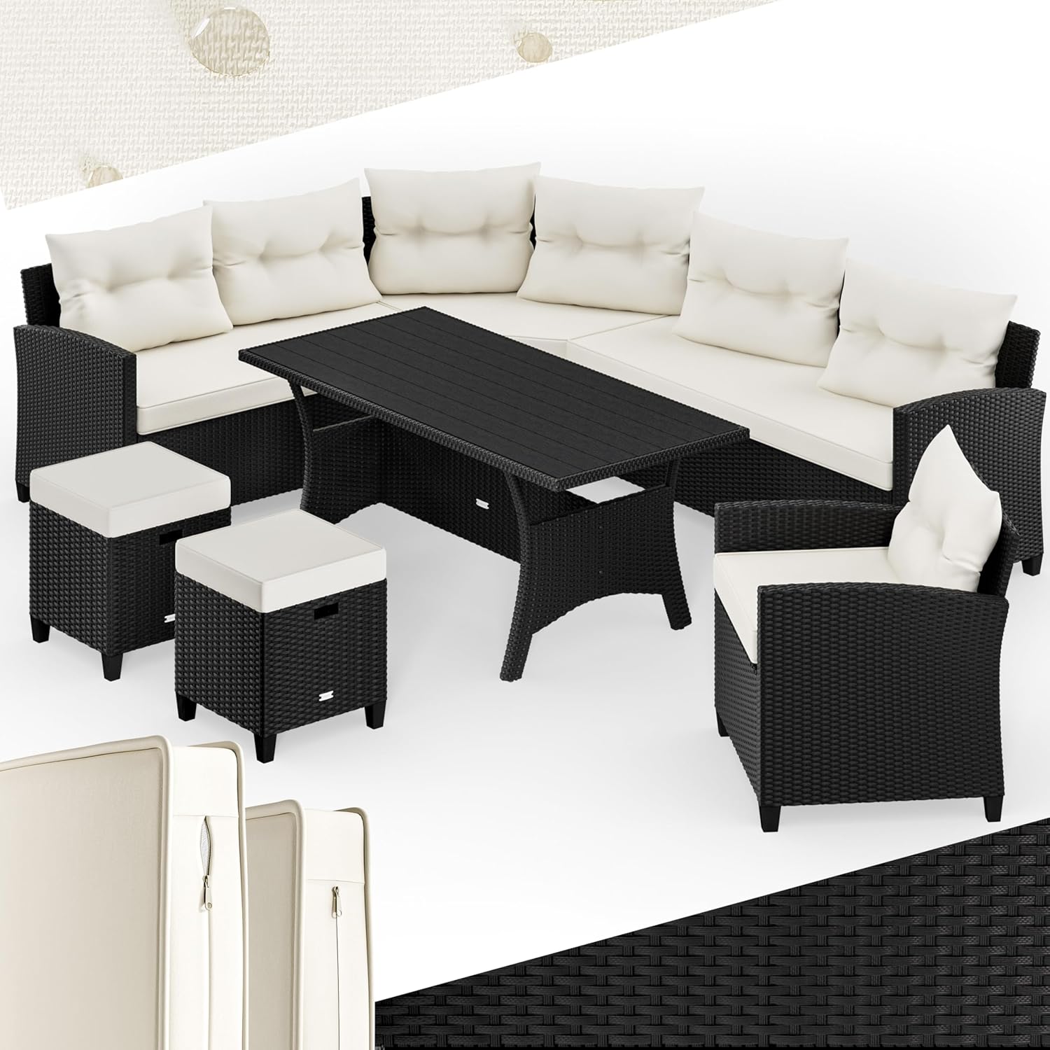 Casaria Polyrattan Ecklounge Set Schwarz für 9 Personen – Gartenmöbel Set mit WPC Tisch, Sessel & 2 Hockern