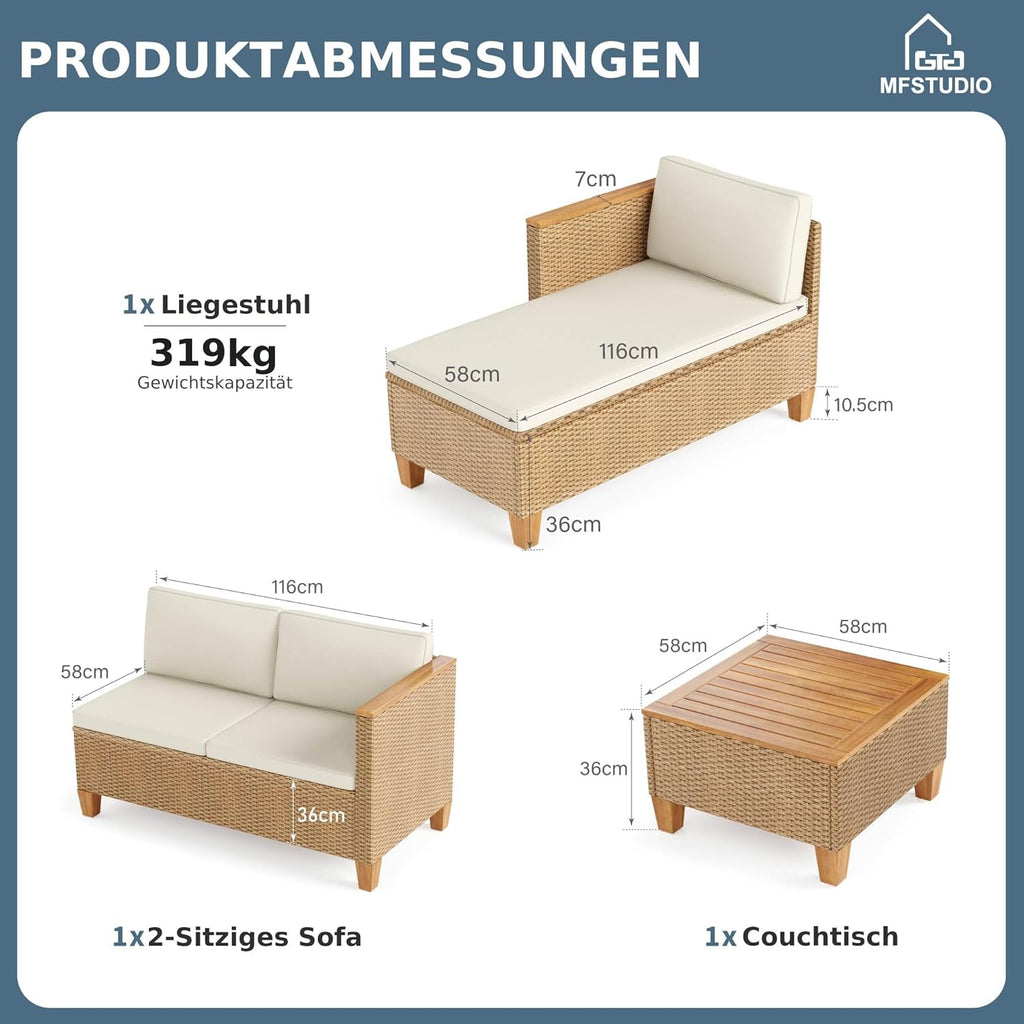 MFSTUDIO Gartenmöbel Set 3-teilig Polyrattan Braun, L-förmige Gartenlounge mit Kissen & Akazienholztisch für 4 Personen