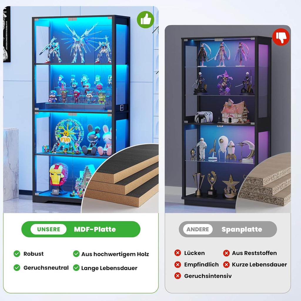 BROTTAR Beleuchtete Glasvitrine mit LED Sensor, moderner Vitrinenschrank & Standvitrine, 4 Etagen Sicherheitsglas Vitrine für Lego, Figuren und
