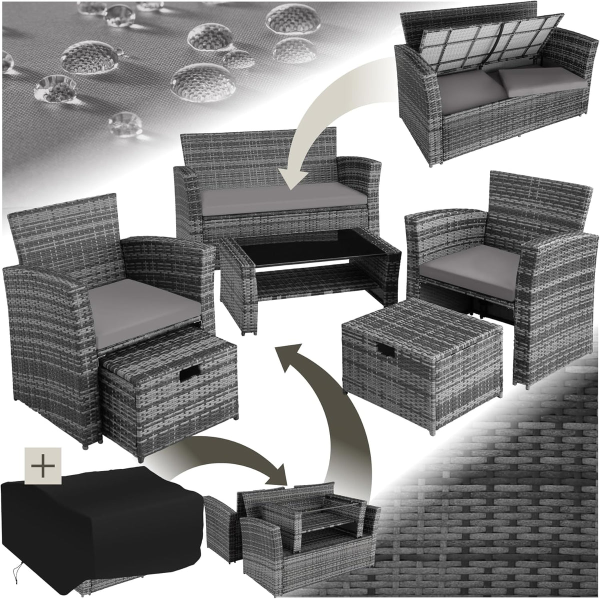 tectake Polyrattan Gartenmöbel Set 4 Personen mit Hocker & Auflagenbox – Garten Lounge Set mit Sofa, Tisch & Kissen für Balkon und Terrasse