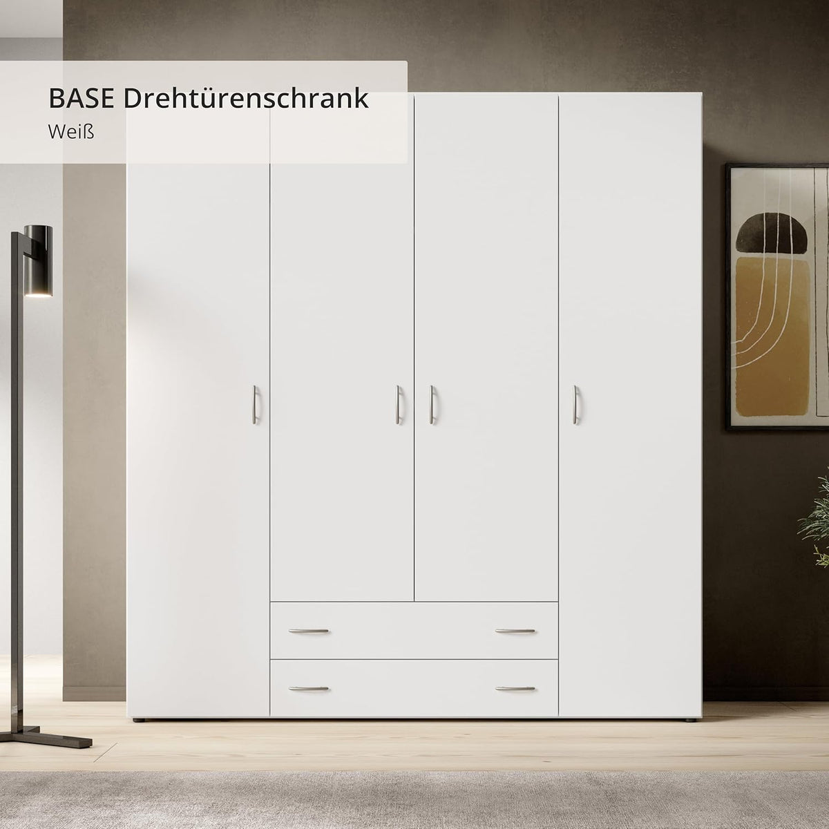Stella Trading BASE Kleiderschrank Weiß, Drehtürenschrank mit Kleiderstange & verstellbaren Einlegeböden, mehrere Größen