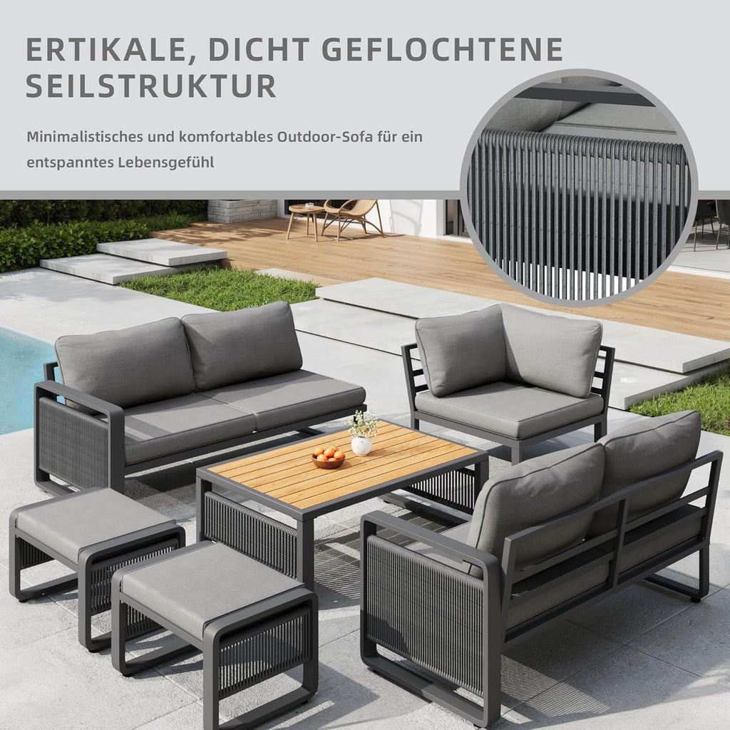 Merax Gartenmöbel Lounge Set Grau für 6–7 Personen, Gartensofa mit Liegefunktion, Ecklounge mit Sitzkissen für Terrasse & Balkon