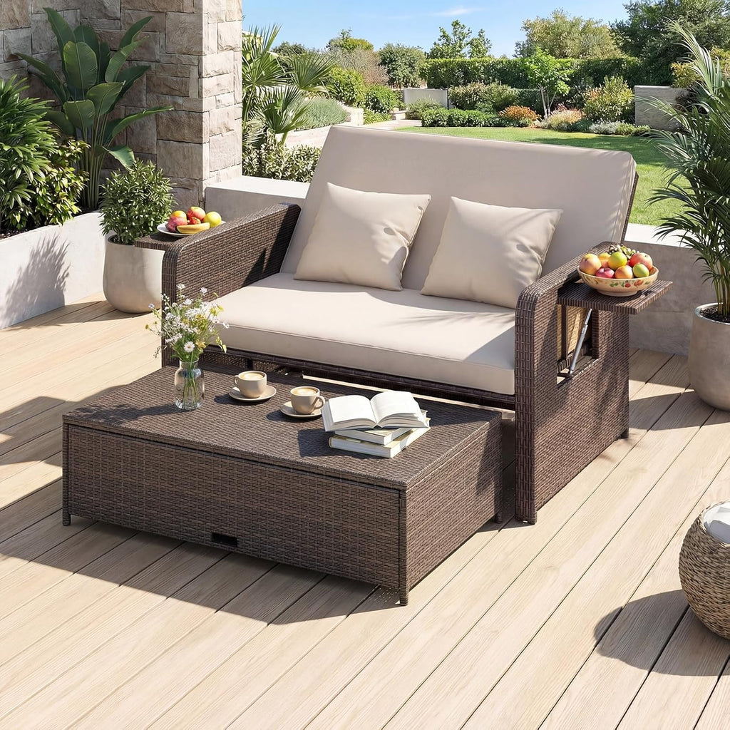 GIANTEX Rattan Lounge Gartenmöbel Set 2-Sitzer mit Doppelliege & Hocker, Outdoor Sofa mit Stauraum, verstellbar für Balkon & Terrasse