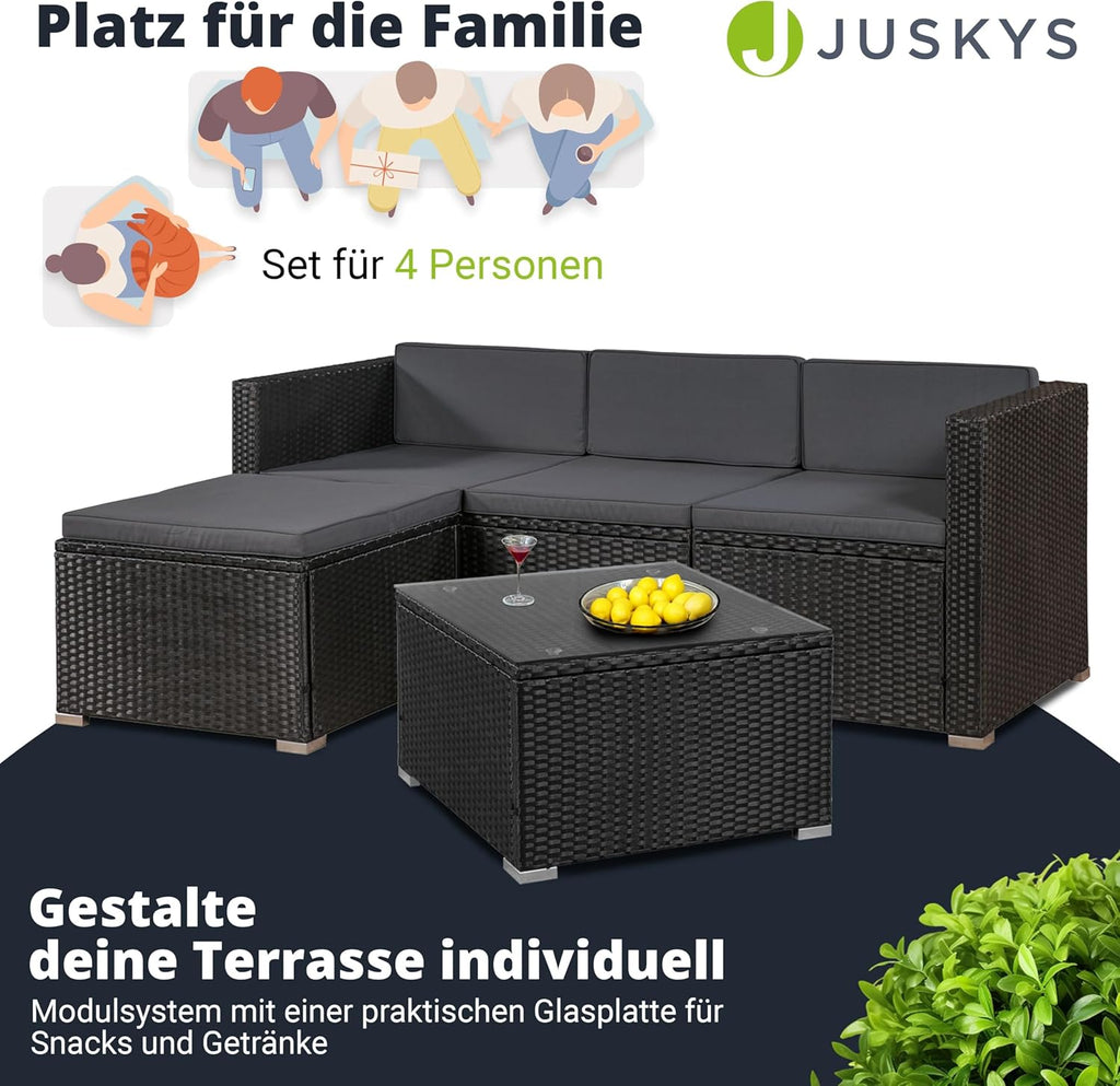 Juskys Polyrattan Lounge Set Punta Cana für 3–4 Personen – Gartenmöbel Set mit Sofa, Hocker, Tisch & Kissen
