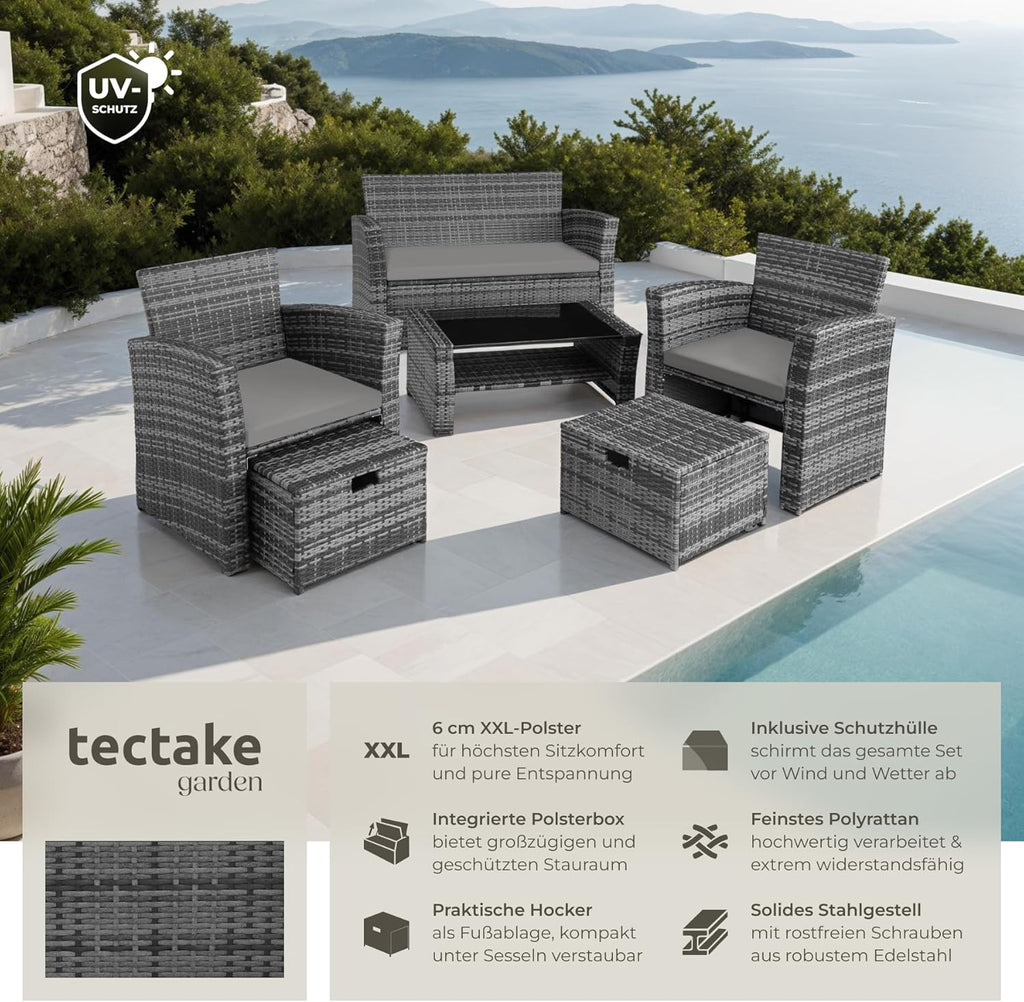tectake Polyrattan Gartenmöbel Set 4 Personen mit Hocker & Auflagenbox – Garten Lounge Set mit Sofa, Tisch & Kissen für Balkon und Terrasse