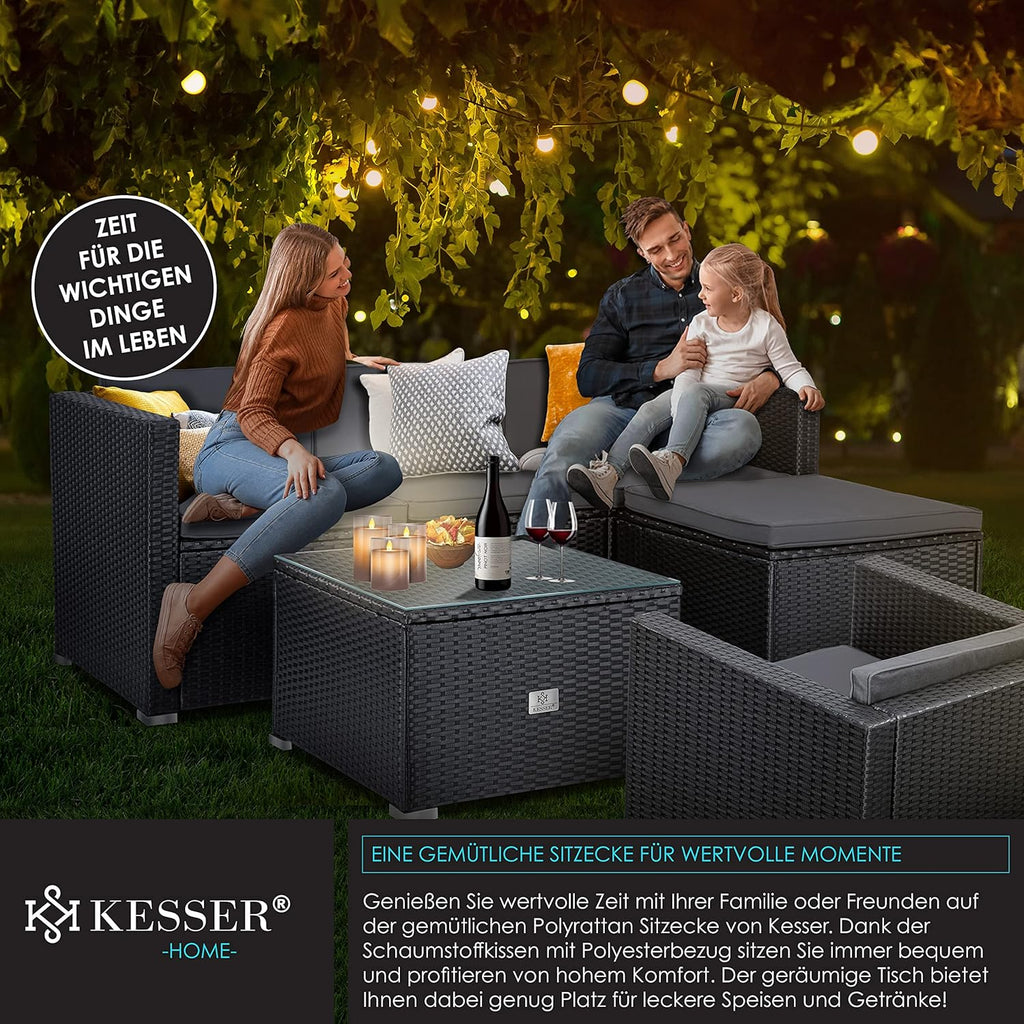 KESSER Polyrattan Lounge Aruba Anthrazit für 4–5 Personen – Gartenmöbel Set mit Sofa, Sessel, Hocker & Tisch