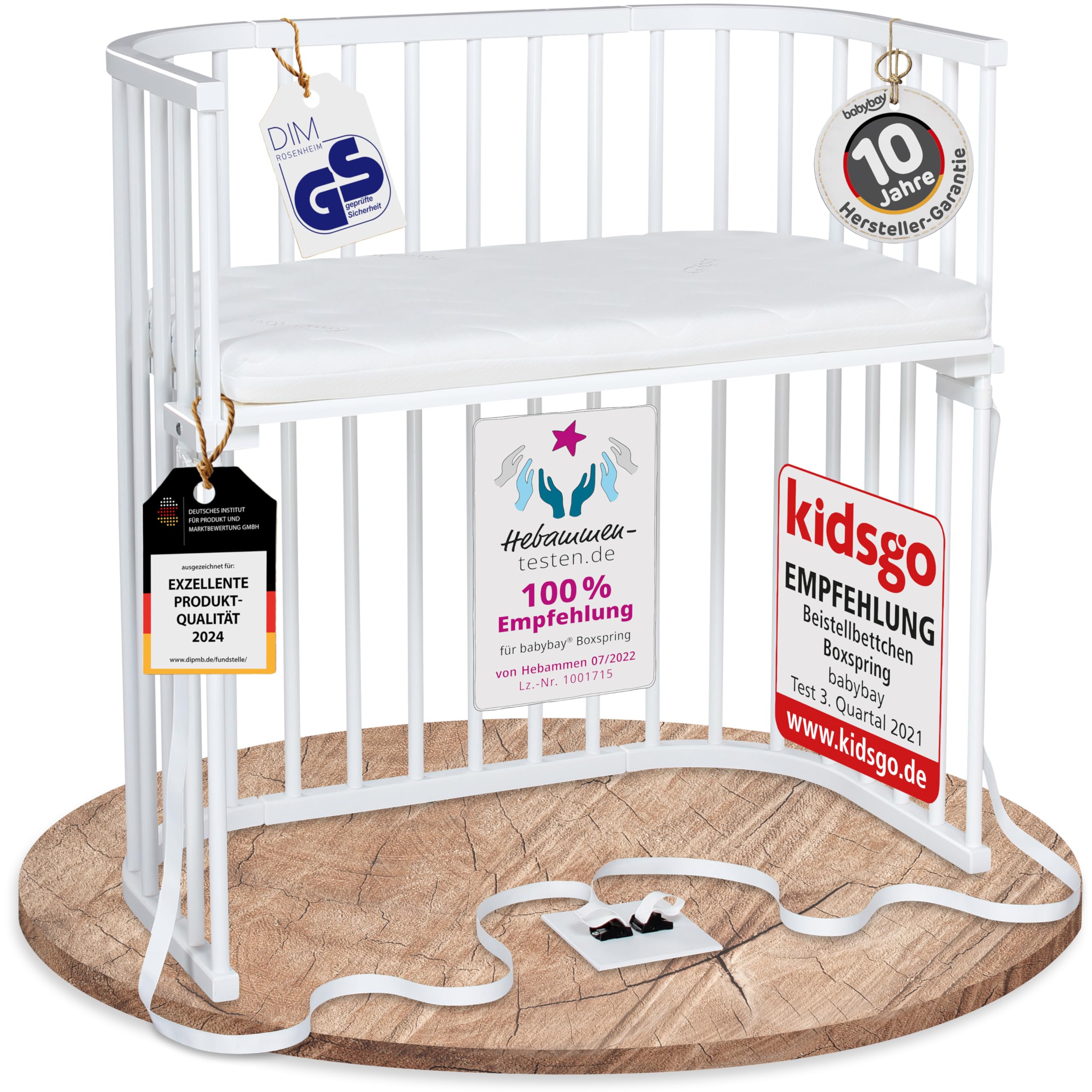 babybay Original Beistellbett aus massivem Buchenholz mit Matratze, höhenverstellbares Babybett für Neugeborene