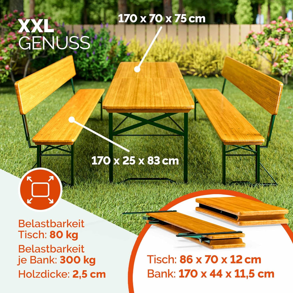 Casaria Bierzeltgarnitur 170 cm mit Lehne, 3-teilig aus Holz & Stahl, klappbar, Braun, Tisch mit 2 Bierbänken