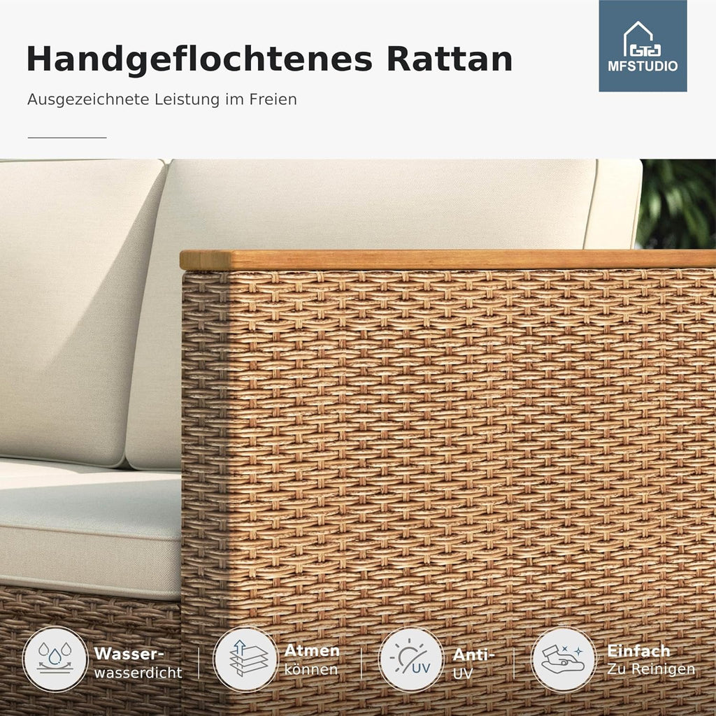 MFSTUDIO Gartenmöbel Set 3-teilig Polyrattan Braun, L-förmige Gartenlounge mit Kissen & Akazienholztisch für 4 Personen