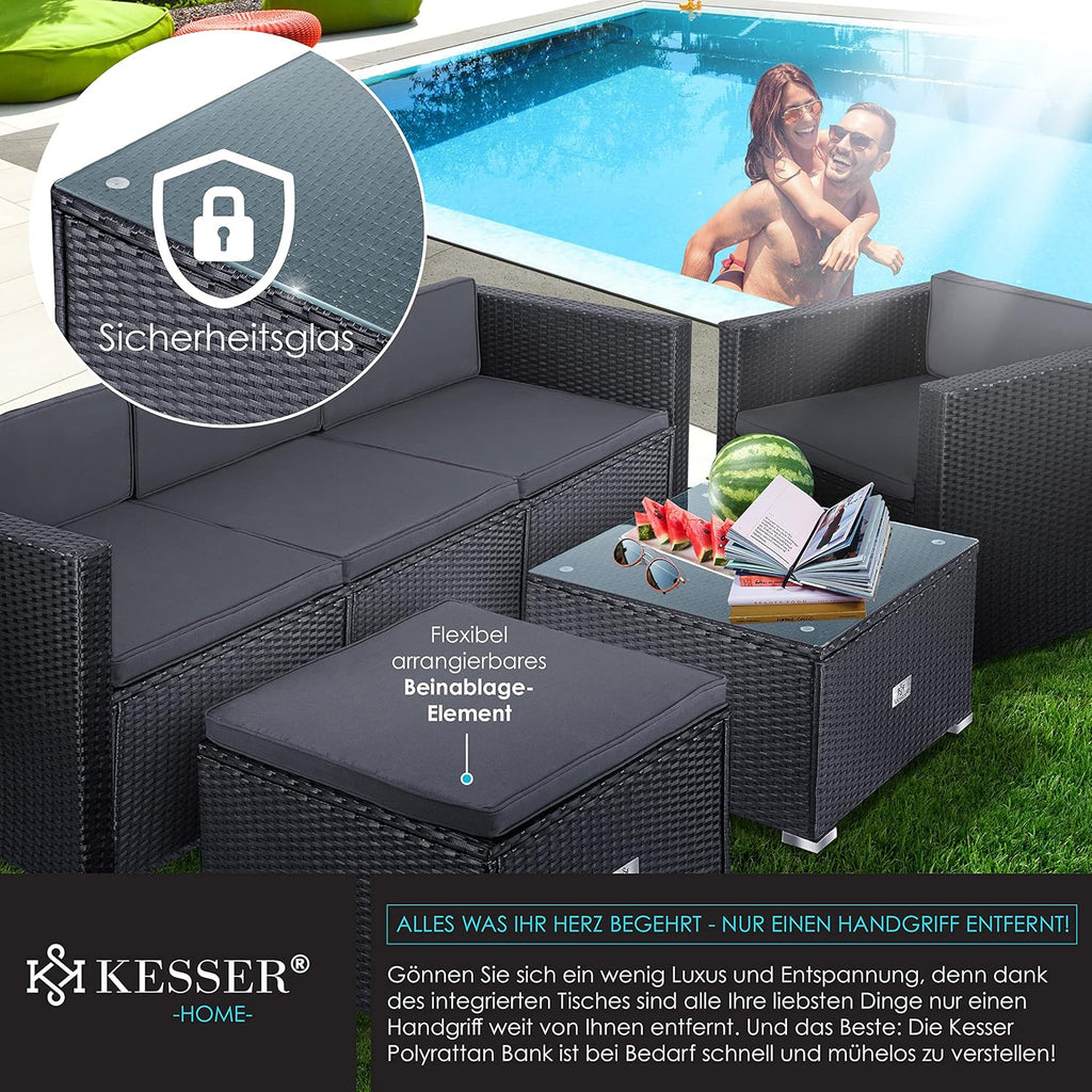 KESSER Polyrattan Lounge Aruba Anthrazit für 4–5 Personen – Gartenmöbel Set mit Sofa, Sessel, Hocker & Tisch