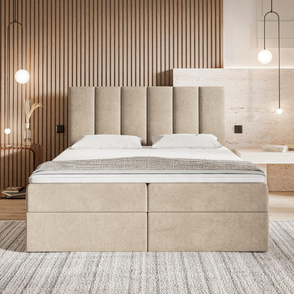 Motivena Santiago Boxspringbett 160x200 Beige Samt mit Bettkasten – Matratze H4 & Topper H3, Polsterbett mit Kopfteil