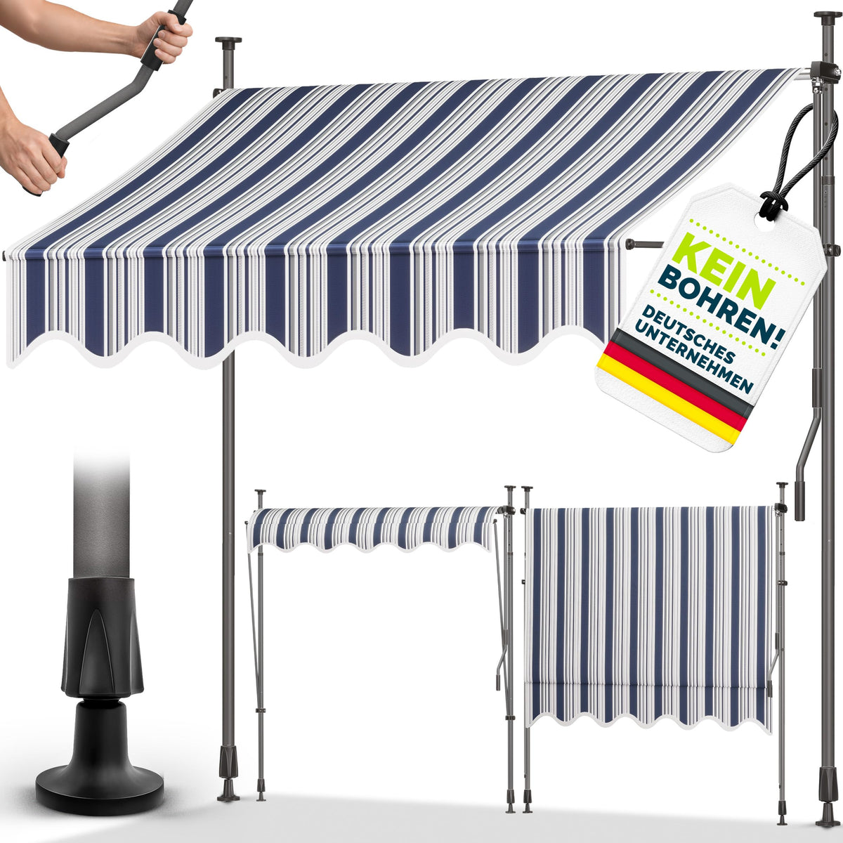 tillvex Klemmmarkise 350cm breit mit Handkurbel | Balkonmarkise ohne Bohren